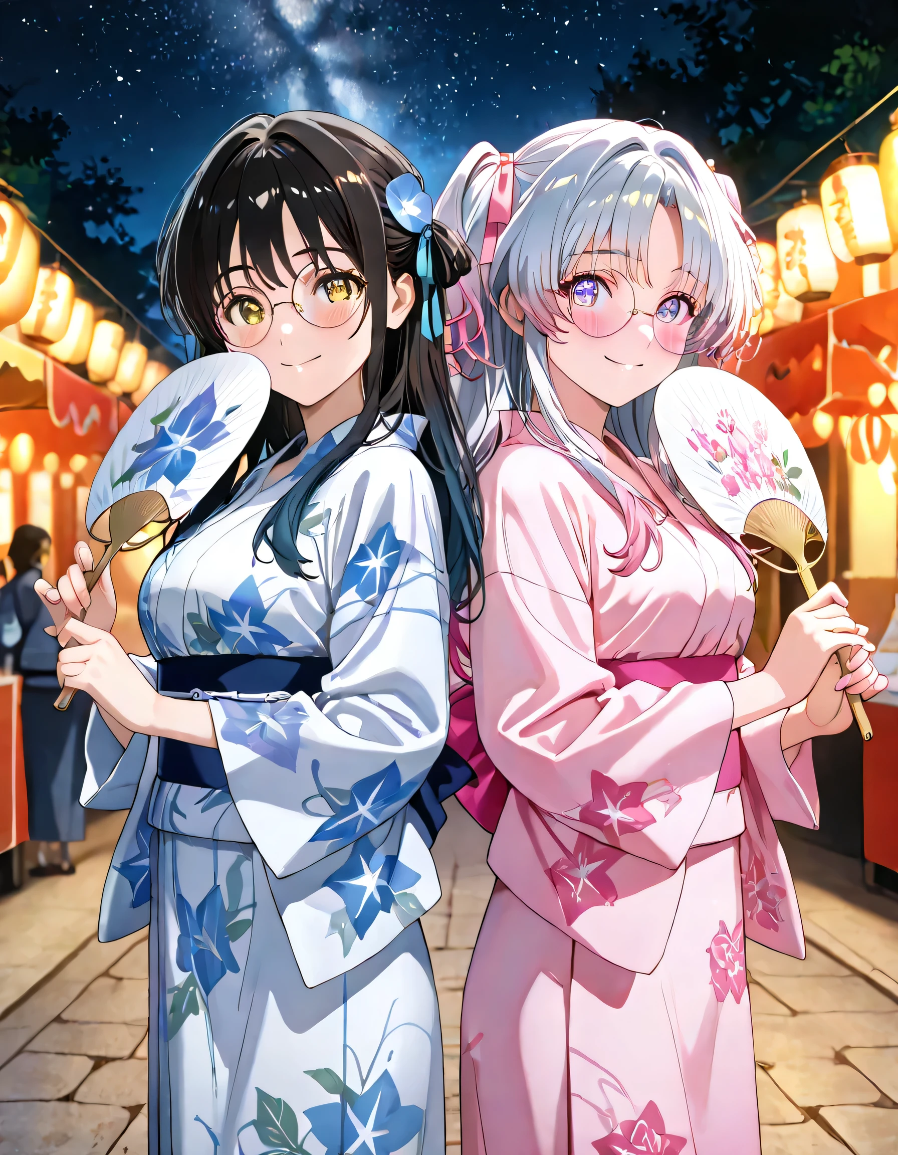 
SeaArt Bot
Txt2Img
SDXL
09:07:02
((ultra-detailed)), (highly detailed CG illustration), (best quality:1.2), ultra-highly detailed, colorful composition, artistic photoshoot, 2girls, duo focus, Yuri:1.3, side by side, shoulder-to-shoulder:1.4, cowboyshot:1.3, moe anime character, girls, round face, rounded chin:1.2, short stature, ample breasts, holding white uchiwa, smile:1.3, happy:1.3, joyful:1.3, blush:1.3, blue eyes:1.3, sagging eyes:1.3, (silver hair:1.4), [(gradient hair from silver to pink:1.4):0.4], long hair, two side up hairstyle, delicate curls, soft shading, harmonious color palette, ethereal ambiance, floral hair accessories, pale blue yukata with white morning glory pattern, deep blue obi with bell, blue hair ribbon, thick eyebrows, brown eyes, sagging eyes, (black hair:1.4), long hair, half updo, (wearing glasses:1.3), (round eyewear:1.3), white yukata with blue bellflower pattern, navy obi with red accent, hair ribbon, from front, looking at viewer, two girls at summer festival night, stone-paved street, warm glowing paper lanterns, traditional stalls, night, night sky, outdoors, sparkle,ultra-beautiful girl, fluttering hair, best quality, masterpiece, night:1.3, Beautiful night sky:1.3, milky way background:1.4, Sparkling star, dynamic pose, from side, expecting, pink cheek, light pink gloss slip, portrait, depth of field, soft lighting, sidelighting, moonlight, lighting, caustics, ray tracing, perfect face, lustrous skin, highly detailed face, highly detailed eyes, perfect face, perfect nose, perfect hair, perfect eyes, perfect , beautiful hair, beautiful small face, extremely detailed face, beautiful detailed eyes, beautiful clavicle, beautiful body, beautiful ample breasts, cleavage, beautiful thin thighs, beautiful legs, beautiful fingers, 4fingers, 1thumb, lovely, (very detailed background:1.0), (highly detailed background:1.0), summer aesthetic, intricate details, universe atmosphere, summer night sky colors palette, chromatic aberration