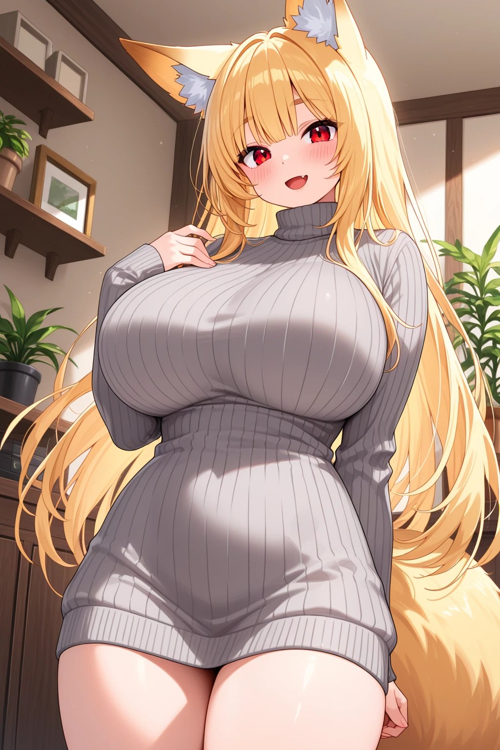 Blonde hair, Gray sweater, humongous large breast