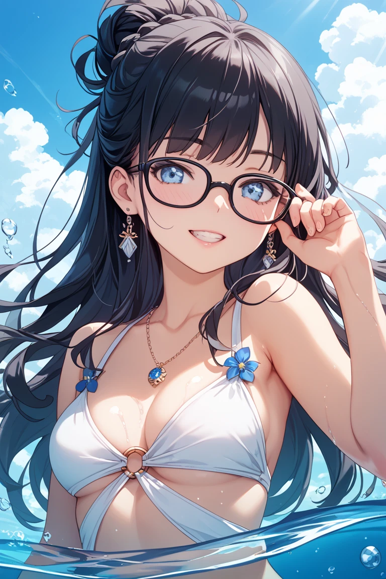 ((masterpiece)), ((best quality)), (ultra-detailed), ((kawaii)), cute, (lovely), illustration, anime style, full body, chest focus, 1girl, cute girl, solo, (pastel color bikini swimsuit), ((cleavage)), (beautiful eyes), beautiful black hair, Long hair, slim, slender, medium breast, glasses, seductive smile, barefoot, Sandy beach with no one's footprints, sitting, wariza, (Crystal Clear Sea:1.6).