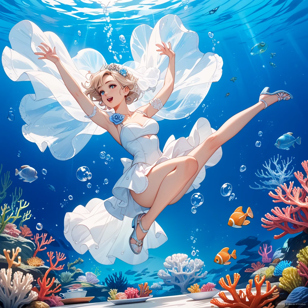 Flat-chested girl with short aqua hair，Transparent short dress，Murloc，Frog flipper，Sea Fairy，The body has scales，briefs，Bare Legs，Feet，barefoot，deep sea