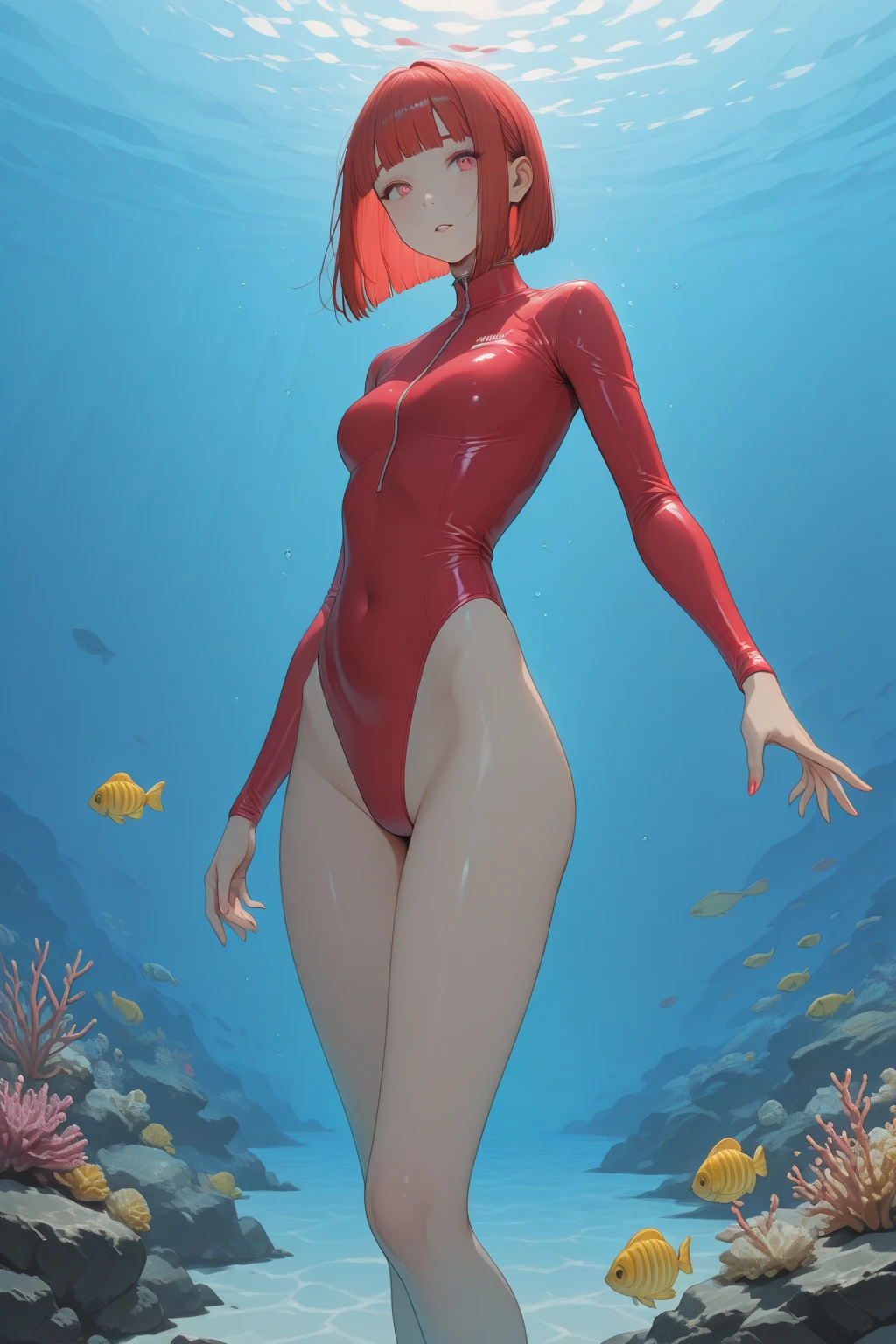 masterpiece,Official Art,8k, masterpiece, Highest quality, Very detailed, One woman、One-piece competitive swimsuit、Wet and transparent、Sandals、Nipple swelling、Sexy pose、Crotch line、Sexy、Beautiful eyes、A devilish smile、Silver Hair、Grin、
