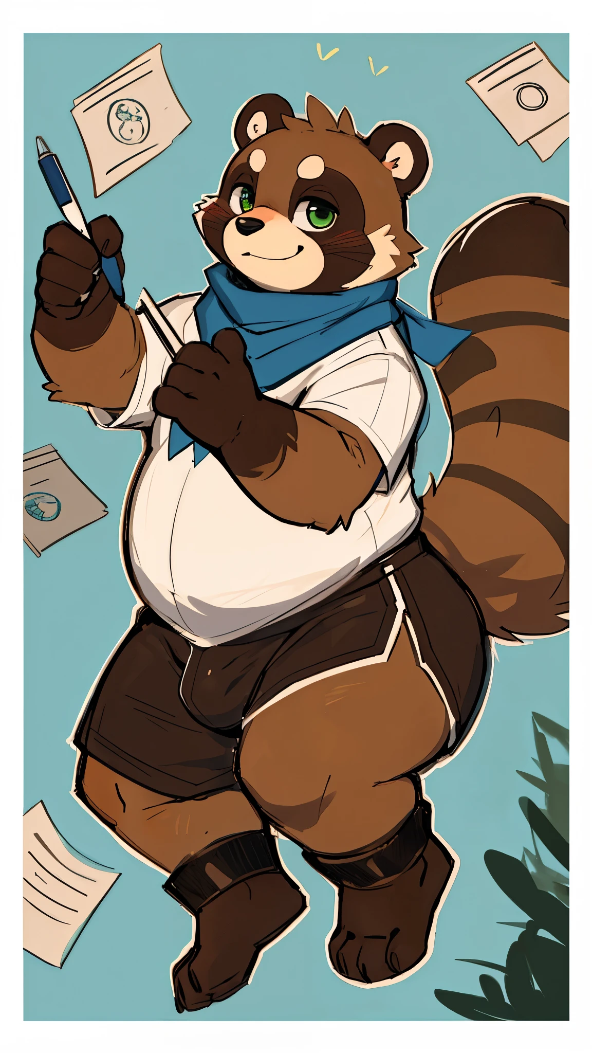 4k ultra quality, (4k full face view:1.0),ultra high detailed body,feral (tanuki),(enormous body:1.2), (green eyes),chubby,side view,by Zackary911,drawn in the style of Akira Toriyama, animated in the style of Toei animation studio,detailed face, detailed eyes,(thick legs), enomorous thigh, thick butt,(big paws), enomorous legs, thick legs, thick thigh,(sketch art:1.5),(bigger tail:1.4),(fluffy tail:1.3),loose black trousers,(wearing white shirt),bulge,(falling:1.2),(blue scarf),(lazy),smiling,holding a pen,(multiple papers falling:1.2),(tarot style border:1.2)