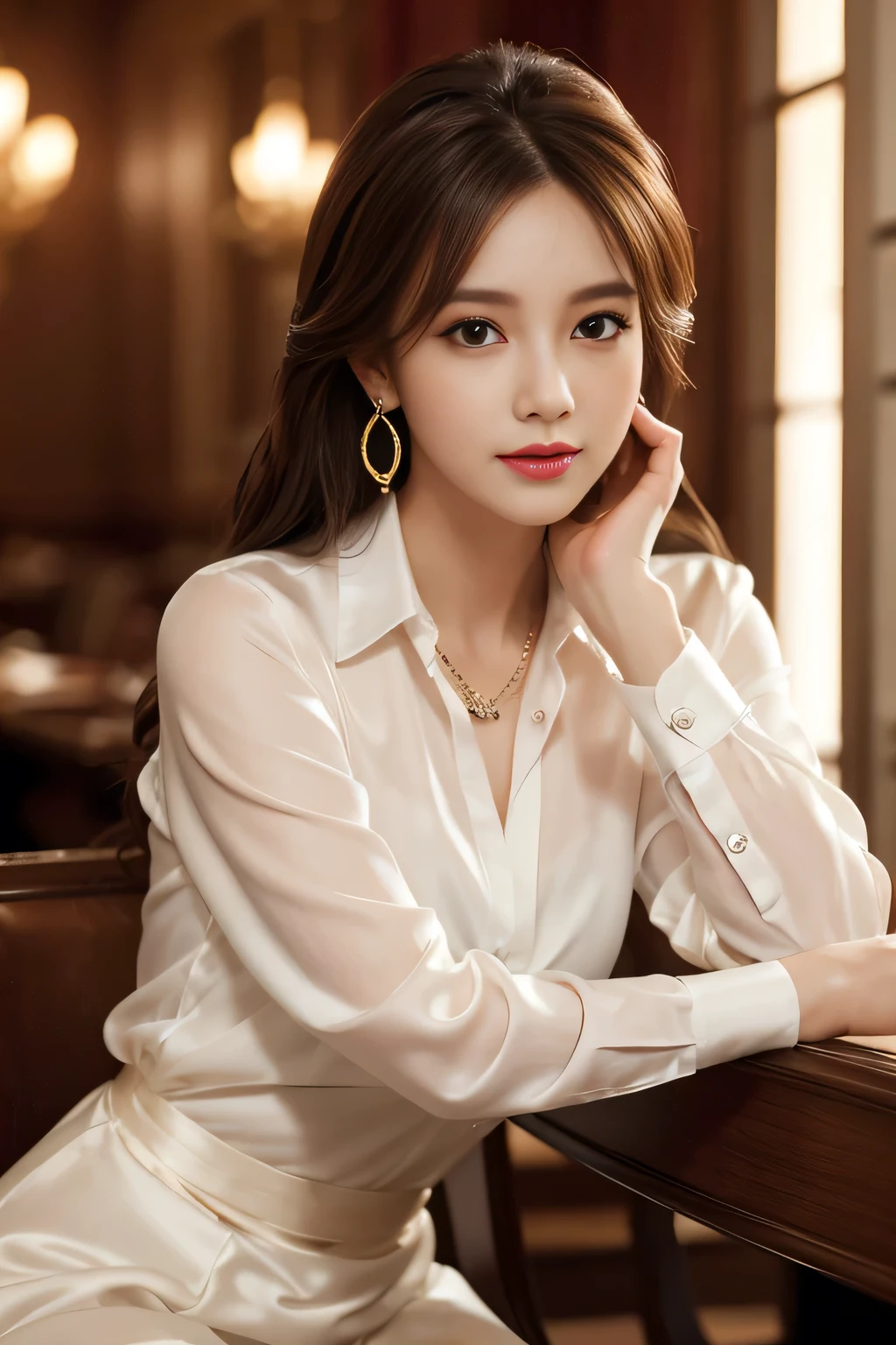 masterpiece, Highest quality, Realistic, Very detailed, Finer details, High resolution, 8k wallpaper, One beautiful woman, Wear an elegant  shirt, In a great restaurant, At night, Light brown messy hair, Perfect dynamic composition, Beautiful and beautiful eyes、Big earrings、Sit on a chair、