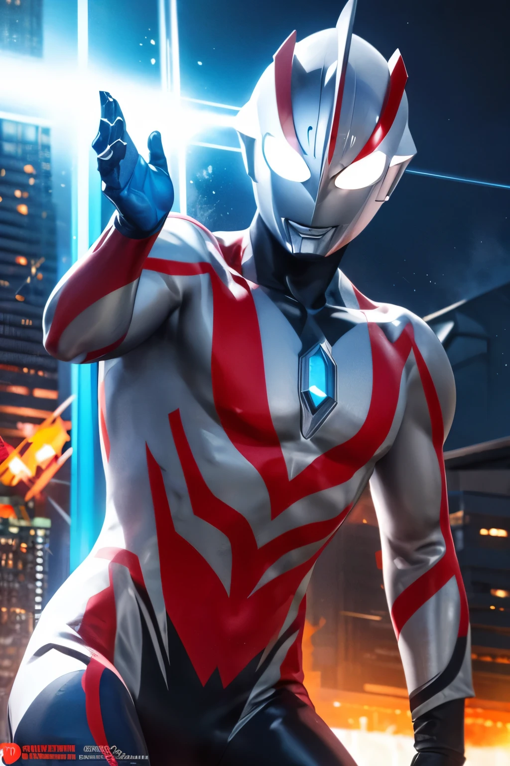 Ultraman,futuristic Ultraman warrior, sleek cybernetic armor design, crystalline core in chest, metallic silver, red and neon blue color scheme, a pattern (red, blue and black) on the suit, dynamic pose, muscular humanoid form (Slim athletic build), glowing energy patterns, ultra modern sci-fi aesthetic, dramatic lighting, intricate panel details, 4k digital art, high detail rendering