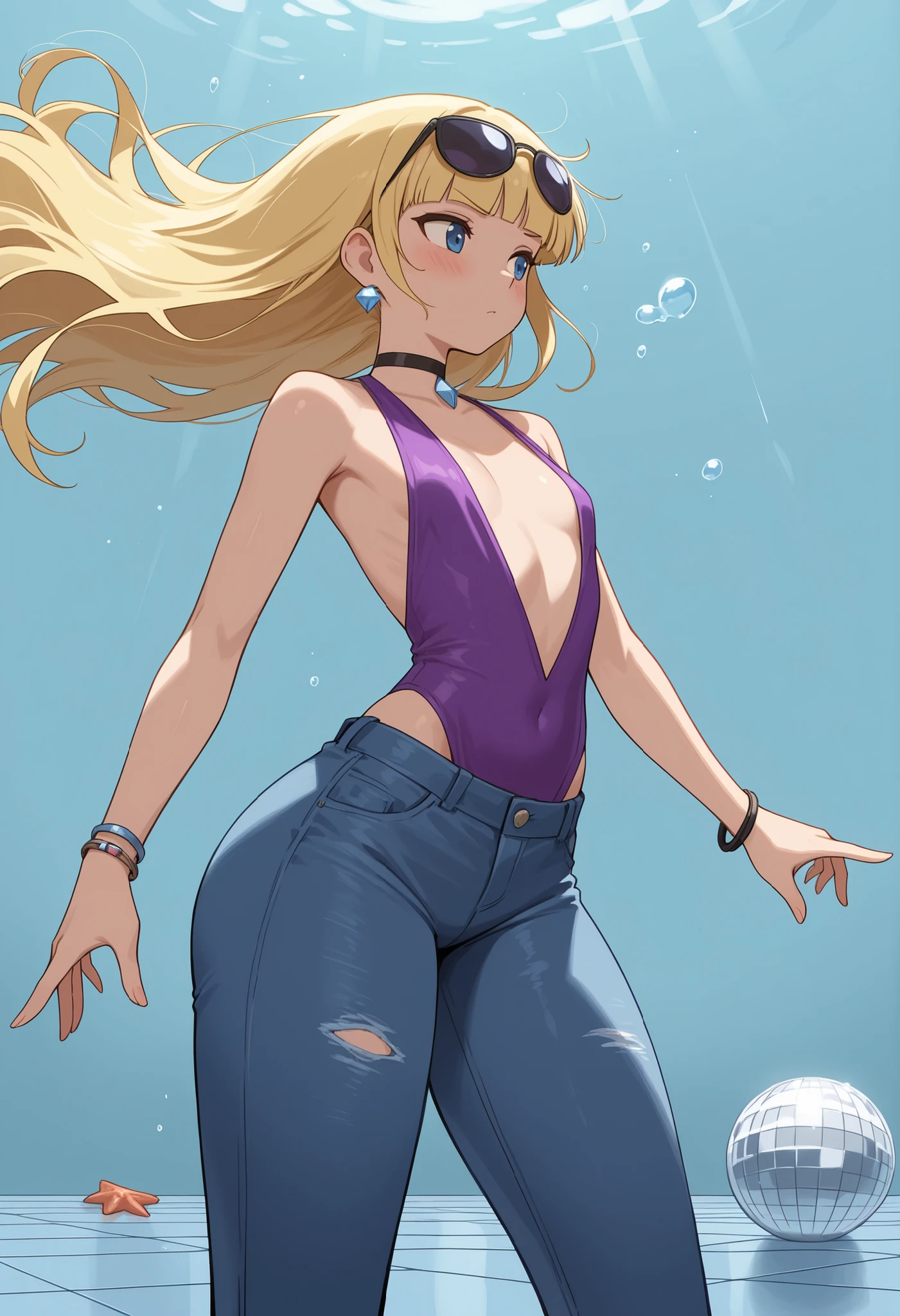Pacifica Northwest, flat , flat , skinny, huge , long hair, blonde hair, choker , | masterpiece, best quality, highres, absurdres, best quality, 1girl, underwater, submerged, empty, simple background, swimming,  blush, joy, floating hair, starfish in hair, fish. pointing, sunglasses, jewelry, disco ball, pointing upwards, posing, disco floor, flared jeans,  80.8's plunging neckline
