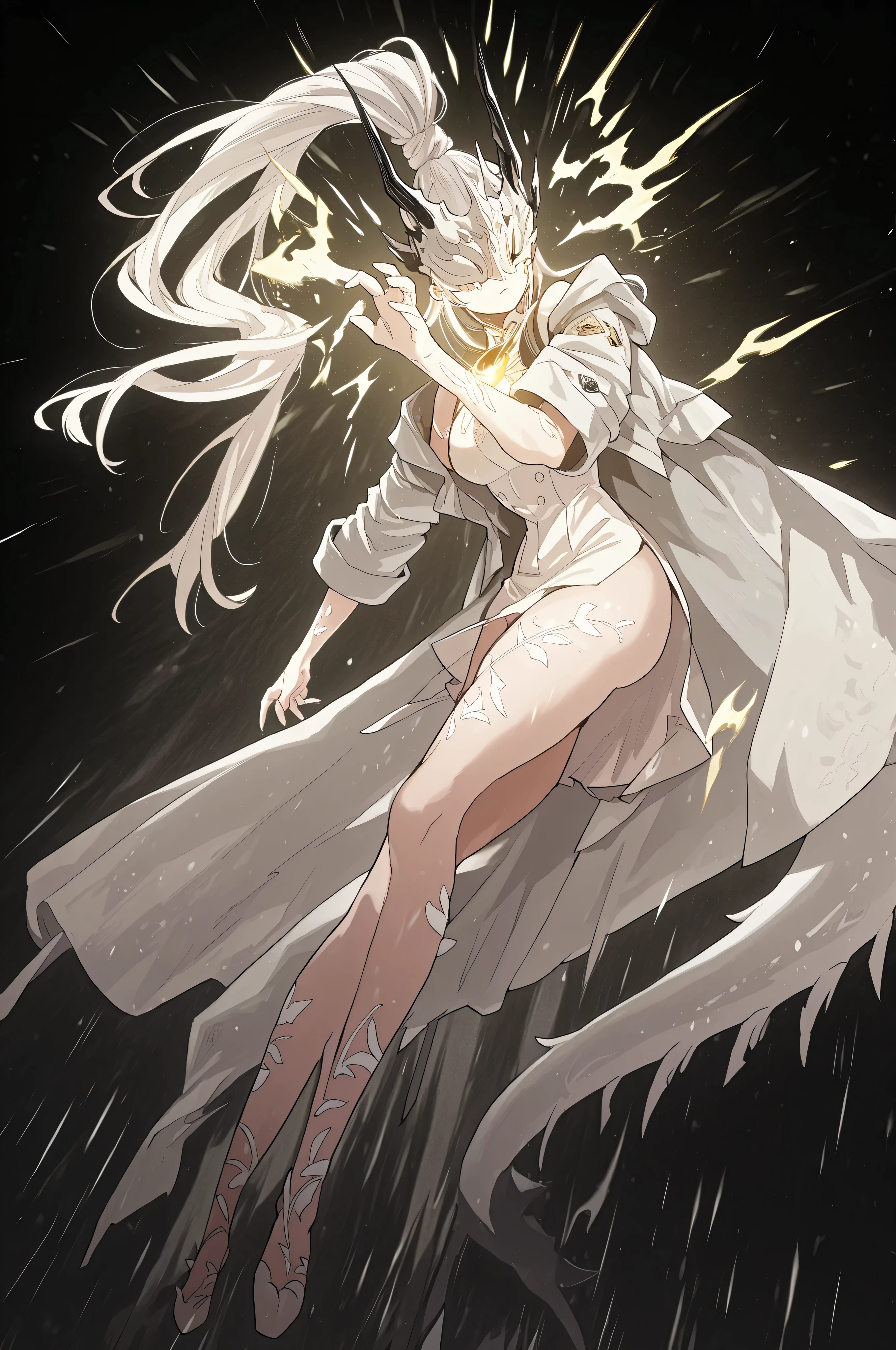 sozinho, 1 garota, cabelo de energia branca, hairstyle like Reed the Flame Shadow from arknights, preso em um longo rabo de cavalo, olhos cobertos por uma máscara prateada com o mesmo design da máscara da Rainha do Gelo de Return of the Frozen Player, perfeitas , estudante, personagem jovem, Personagem curto, personagem 1.50 metros de altura, olhos cobertos por uma máscara prateada com o mesmo design da máscara da Rainha do Gelo de Return of the Frozen Player, usando a máscara da Rainha do Gelo de Return of the Frozen Player, máscara escondendo os olhos, olhos completamente escondidos pela máscara, sem fenda para os olhos na máscara;

Mãos e braços brancos como energia, pés e pernas brancos como energia, mãos com garras, pés com garras, cauda de dragão, cauda branca, chama branca na ponta da cauda, chifres de Reed the Flame Shadow (arknights Reed the Flame Shadow), Chifres longos e pretos, mãos e braços brancos, marcas brancas no corpo, pés e pernas brancos, garras nas mãos e pés, braços brancos, marcas brancas nos braços, ombros, e coxas;

Casaco de energia branca projetado por Reed de "arknights," casaco com medalhas militares douradas, vestido chinês preto sexy longo com detalhes dourados, casaco caindo pelos braços, arms and ombros exposed, Encarando o espectador, cara a cara, fundo preto, pose sexy, l1d4, seios médios, cintura fina, quadris largos, Personagem curto, A personagem é uma jovem garota, Personagem curto, A personagem é uma jovem garota;

pose sexy, olhando para o espectador, cara a cara, Confiança, expressão fofa, Posição de ataque, olhos cobertos por uma máscara prateada com o mesmo design da máscara da Rainha do Gelo de Return of the Frozen Player, usando a máscara da Rainha do Gelo de Return of the Frozen Player;

Preste atenção nas cores necessárias, resolução máxima, altura e construção de Terakomari Gandesblood de "The Vexation of a Shut-in Vampire Princess," personagem jovem, Personagem curto, personagem 1.50 metros de altura, personagem sozinha, fundo preto;