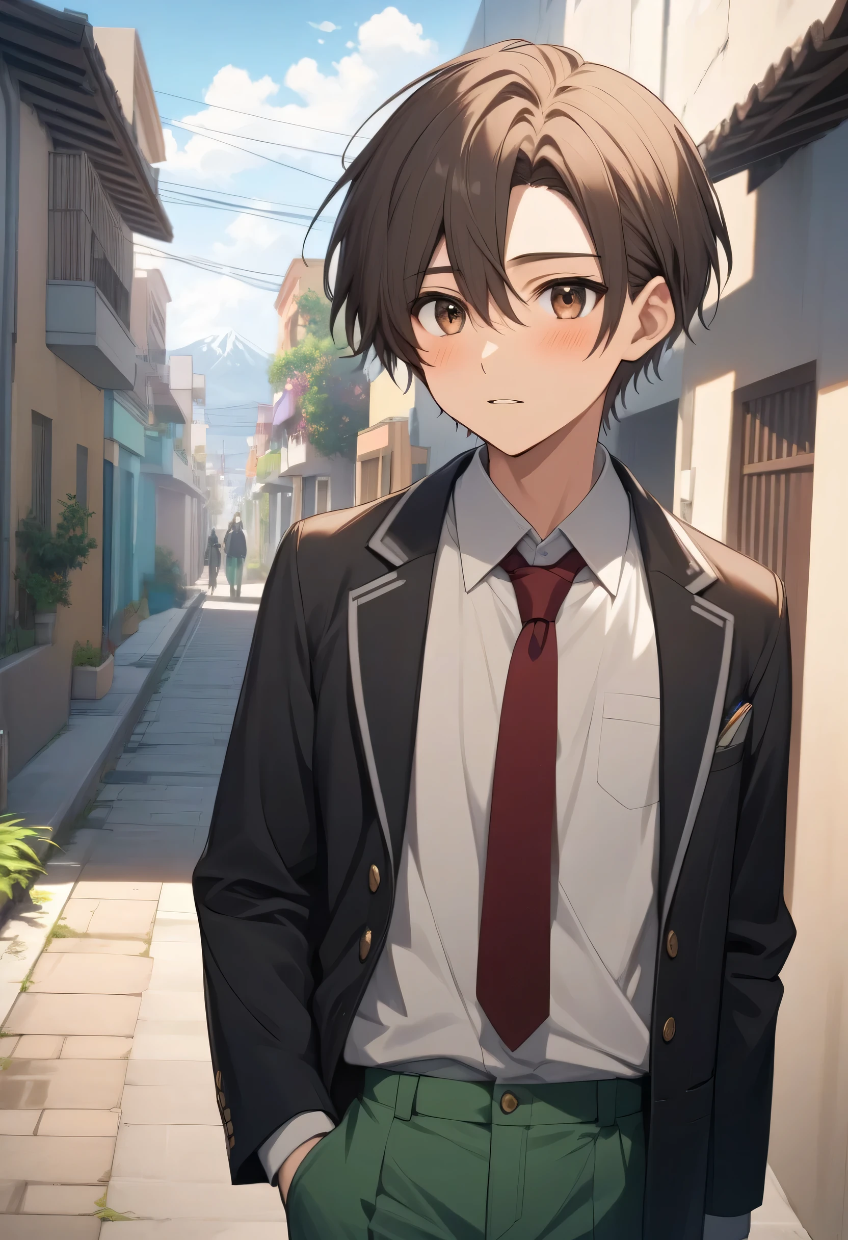 masterpiece, best quality, high resolution, UHD, perfect pixels, depth of field, 4k, RTX, hdr))), A 17-year-old boy , alone, male appearance, Art Style, Half body, anime character, ((Mirada Serenaa, short hair on the sides, dark brown, separated from the hair to the side)), ( brown eyes: 1.2,), (detailed face, blush: 1.1),looking at a point on the roof surprised to see someone, (dynamic angle, pose dinámica: 1.2 pov , Close-up, looking forward), showed:  light black jacket, white school shirt, red tie, green pants, he is walking through a residential neighborhood in Monterrey, wide street and the boy walks along the sidewalk, Daytime image , (seen at half height)