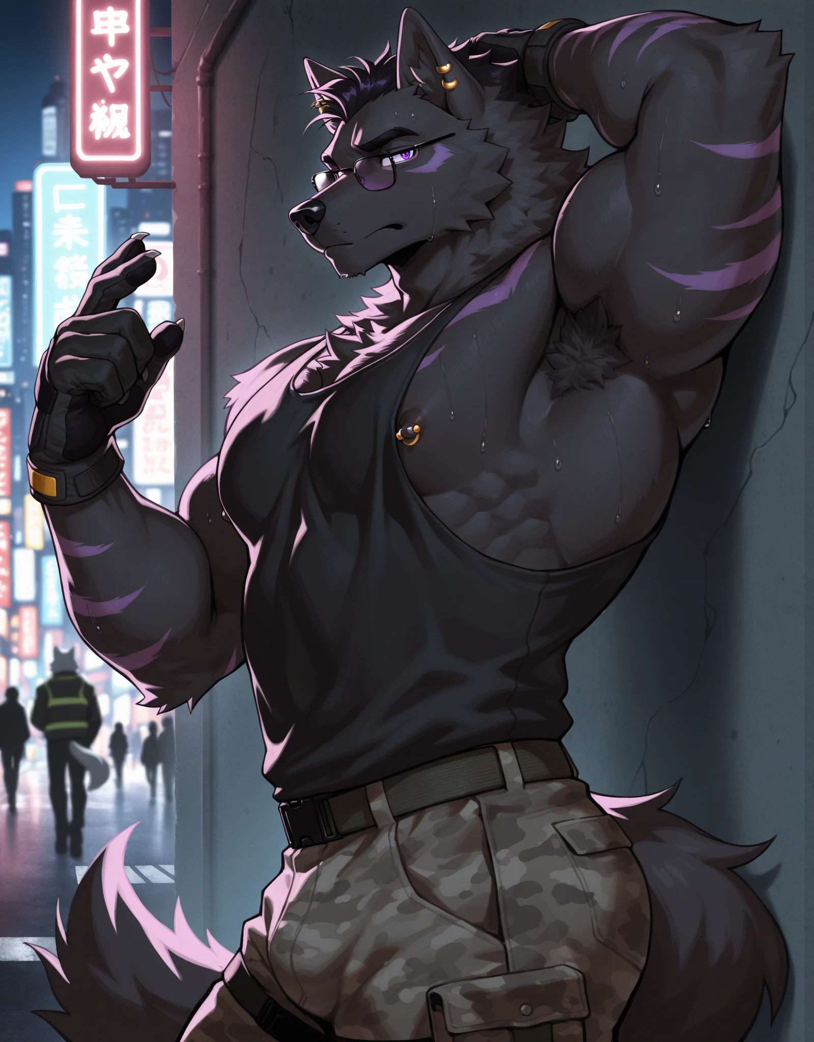 (best quality,4K,8K,highres,masterpiece:1.2),ultra-detailed,sexy furry Wolf boy with well toned abs,wolf snout, wolf ears,Wolf tail,cyberpunk samurai,purple highlights in hair,black hair,punk hairstyle,sharp focus,professional,vivid colors,studio lighting,dark atmosphere,lit by moonlight,glowing green eyes,expressive,sexy samurai armor,dynamic movement,mysterious background scenery,sinuous motion,intense fight scene with flying cherry blossoms,(huge ,Crying face,Face contorted in pain, dripping from ,profuse sweat and drool,,Well-trained muscles like a bodybuilder, ),,2boy～6boy,A face drowning in  desire,Bigger muscles,,Wide open mouth,Wide Eyes,Let off some steam