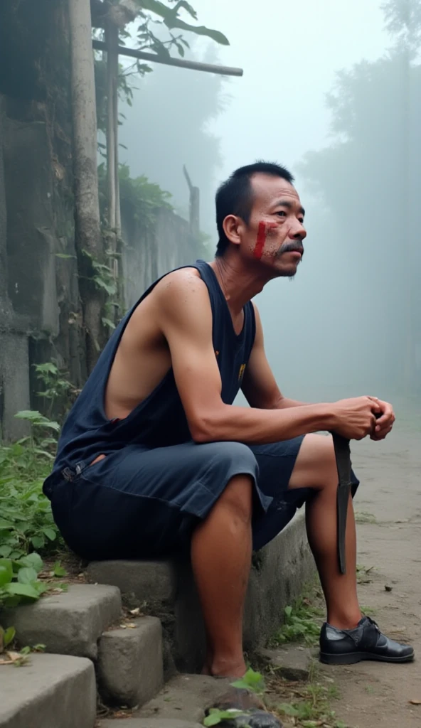 male prisoner, Chinese, head wound, shirtless, ?????, The light  dim...., dark room, very thin body., Smoke drift, glabrous, Chinese gentlemants, blood in the body, High Art, Awesome shots.., Horror pictures, gentleman, ควันจากgentleman, old wooden house, Blood was all over the walls of the house., Smoke driftผ่านเเสงเเดด, Realistic picture,