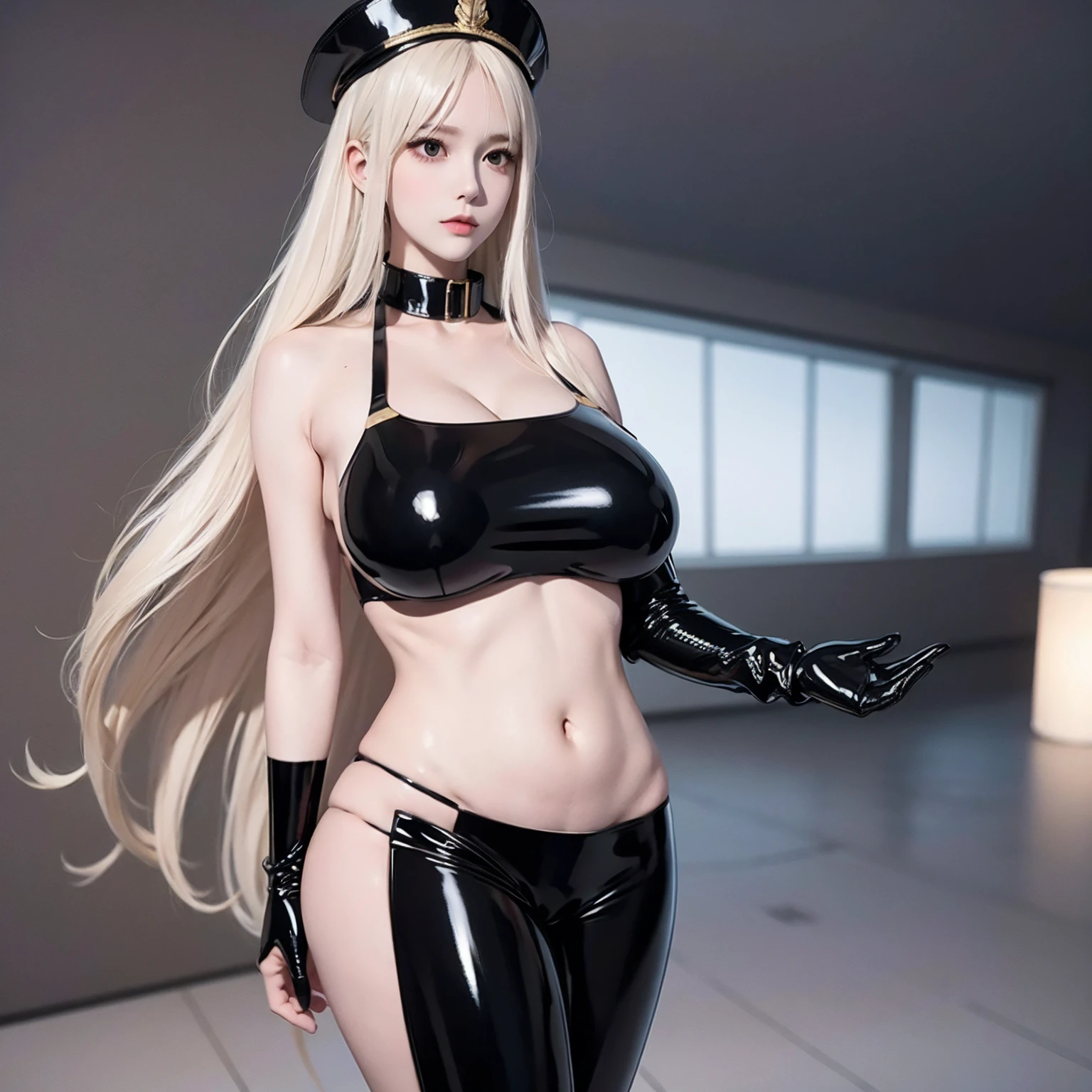 Muscular girl, long blonde hair, devil figure, (huge and amazingly large breasts), (the action of stuffing two huge balloons into the clothes), the action pose, (waist exposed), (abs), (black skinny blazer, black trousers)