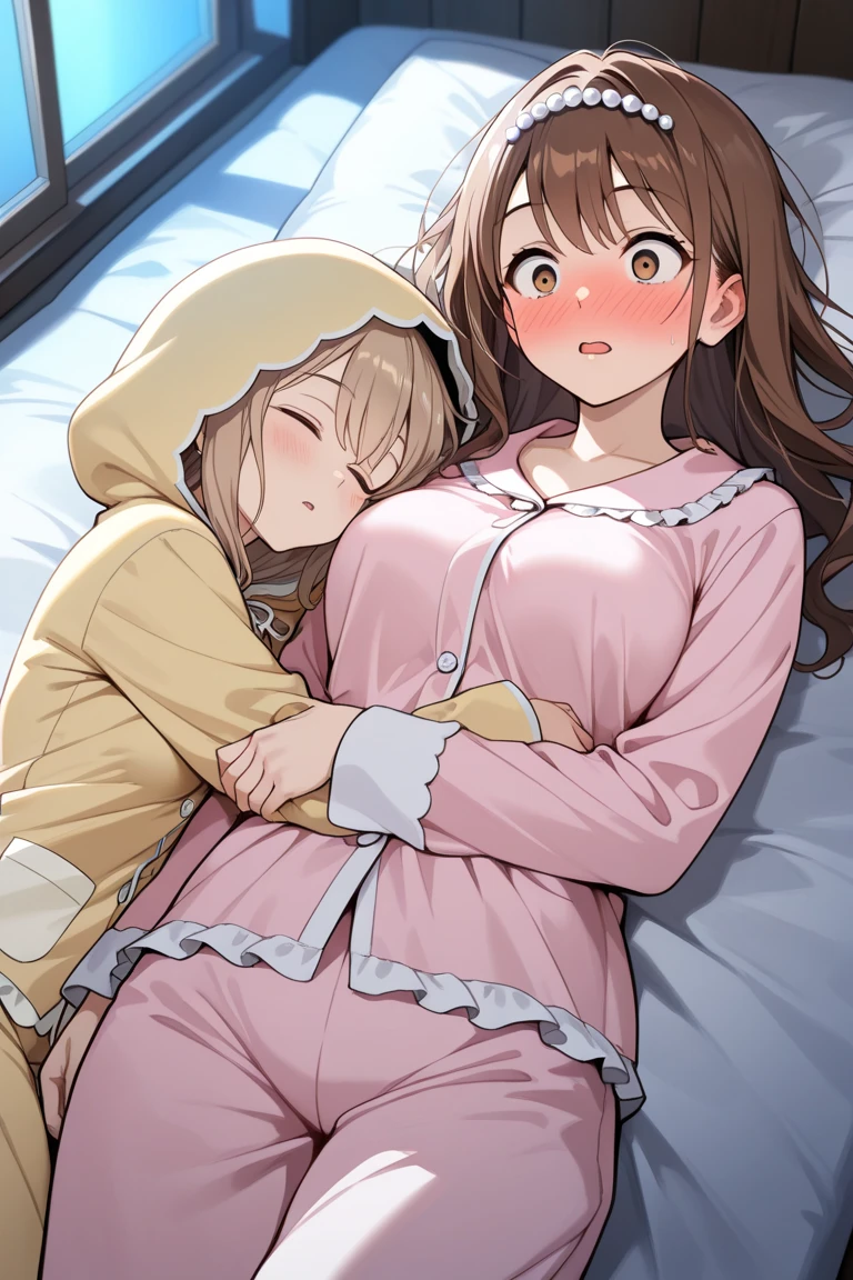 adventurer pajamas, (2girls:1.5), (simple background) (sleeping on a bed together cuddling: 1.2), (girl laid down on a bed: 1.2) (giantess closeup breasts: 1.4), (height_difference:1.4), (size_difference:1.3), (a minigirl sleeping on top of the breasts of a giantess:1.3), professionally drawn, (anime drawing:1.1), (simple bold lines: 1.1), (anime:1.1), (very cute anime girl), (bright), (low contrast), (prettiest teenage girl), (mature face: 1.4), (tall girl with big ass: 1.2), (looking at another: 1.2), (yuri:1.1), (two girls looking at another: 1.2), (full body adult minigirl: 1.4)