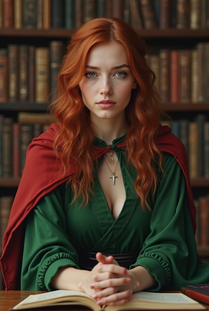 (medium full shot) of man, (Mysterious witch) young woman, italian, green eyes, tan skin, tan skin, mint green eyes, slender build, ginger hair,  wearing deep red velvet dress with bat motifs, hooded cowl, fishnet stockings, lace-up boots, black cat familiar, set in  haunted house, Study, Musty chamber with towering bookshelves filled with decaying tomes, a worn leather armchair with stuffing spilling out, a desk cluttered with old letters and ink-stained quills, a flickering oil lamp, and a portrait with eyes that seem to follow your every move , woman surprised, open mouth, pointing her finger at the viewer, Masterpiece,best quality, photo, realistic, very aesthetic, detailed face,