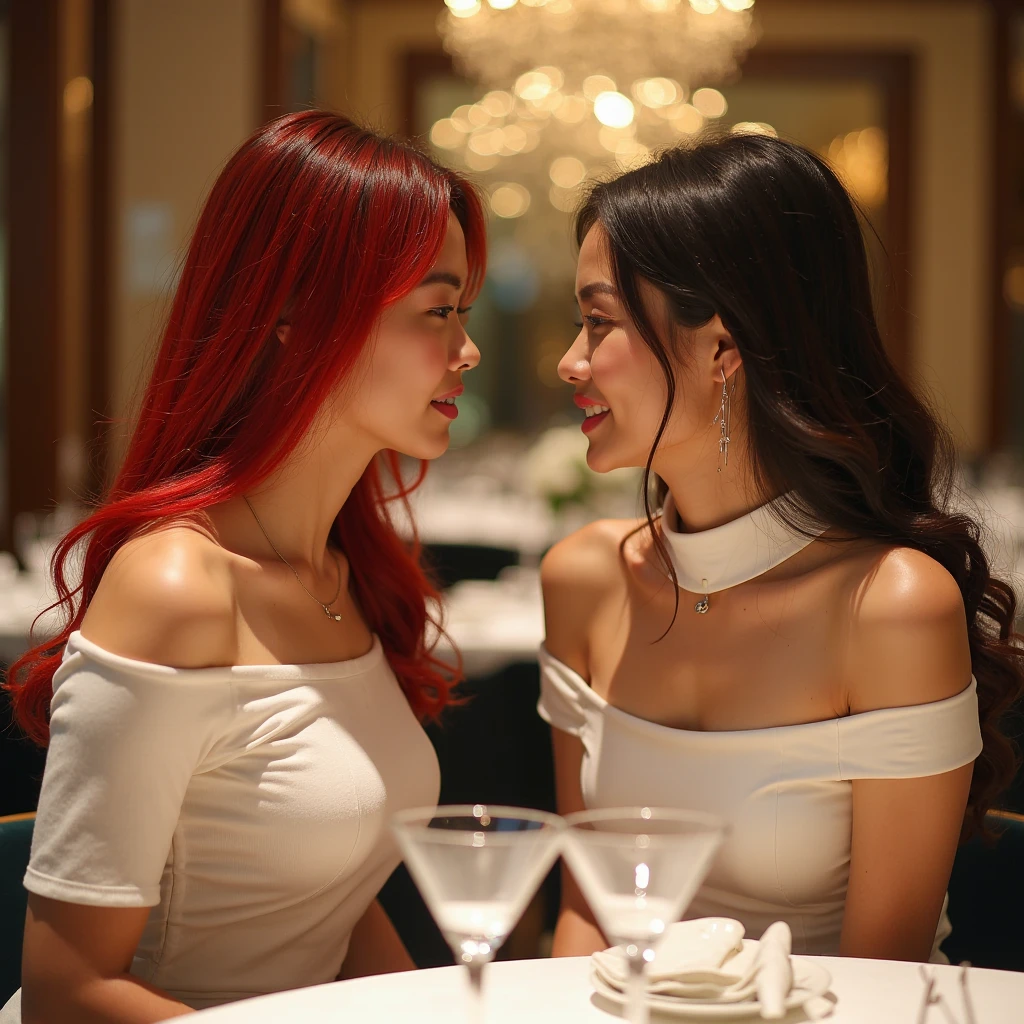 A beautiful, intelligent woman in a blue silk satin blouse and a female colleague are kissing in a vintage-style café.