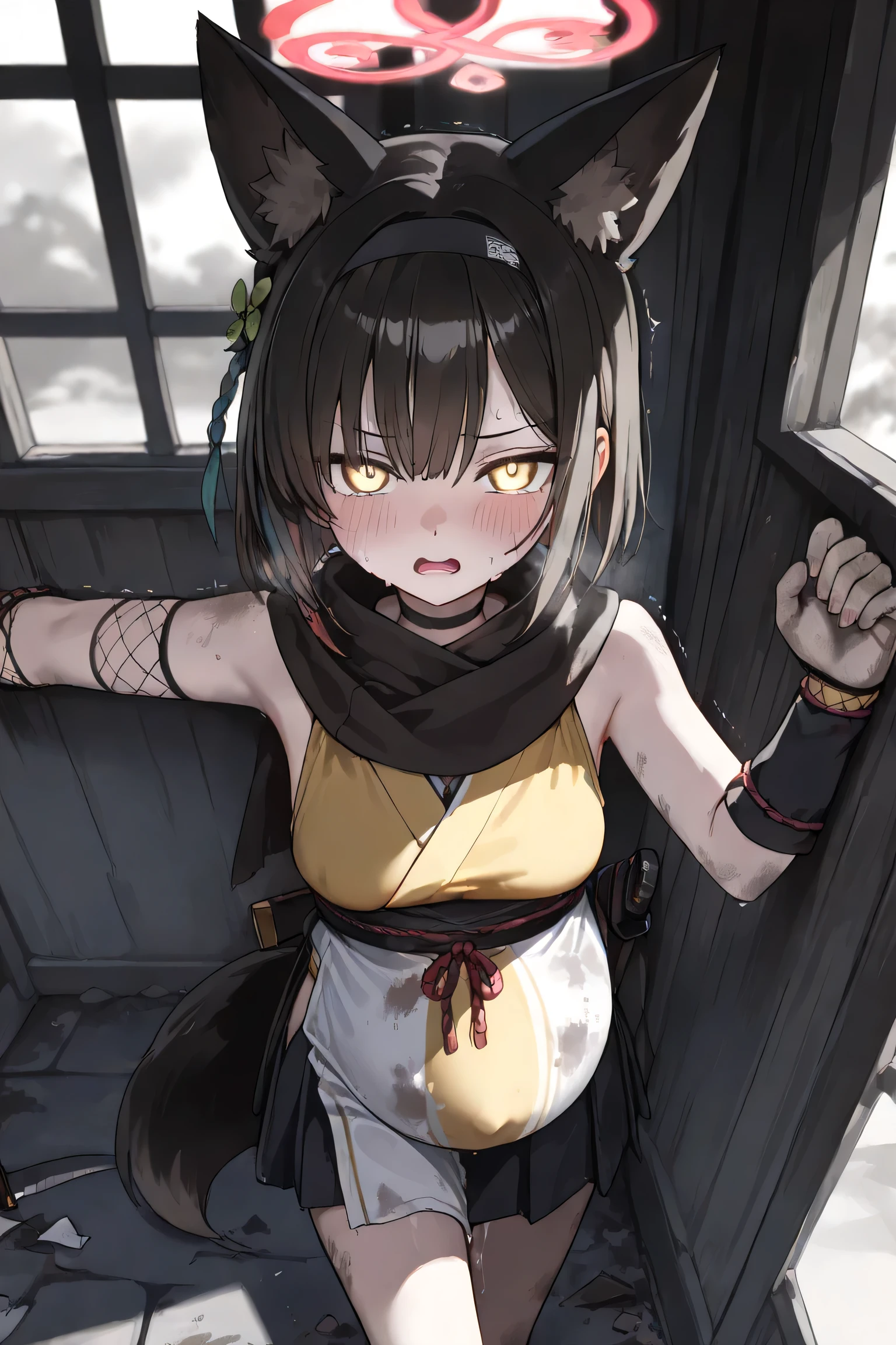 (Best quality, 4k, 8k, high resolution, masterpiece:1.2), ultra detailed, intricate details, beautiful girl, SOLO,  alone, brown hair, fox ears, fox tail, bangs, golden eyes eyes, small-medium breasts, perfect smooth skin, peeking at viewer, head tilted, ((Pregnant:1.2)), (blush:1.1), (embarrassed_expression:1.0), heavy breathing, sweating, close eyes, bite lips, trembling, Sleeveless short kimono, Pleated skirt, Kunoichi-style stockings, Dagger on the hip, Belt bags, confident expression, broken windows, , stone mossy walls, dark , black scarf, evil look, (dirty broken clothes:1.5), crossing legs, (hands on wall:1.5), (Blush:1.0), open mouth, embarrassed, water flows from the pussy, pussy juice burst, heavy breathing, trembling, side view, water broke, [[pussy:1.5]], 