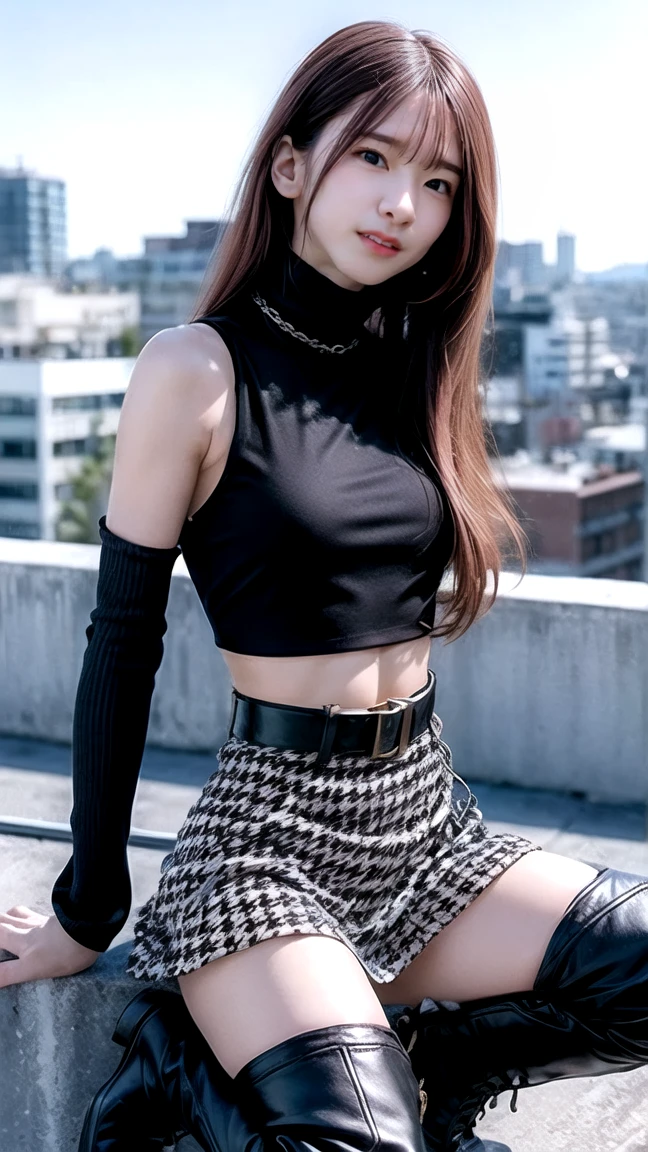 Brown hair, white skin, black cropped, plaid red skirt, black socks