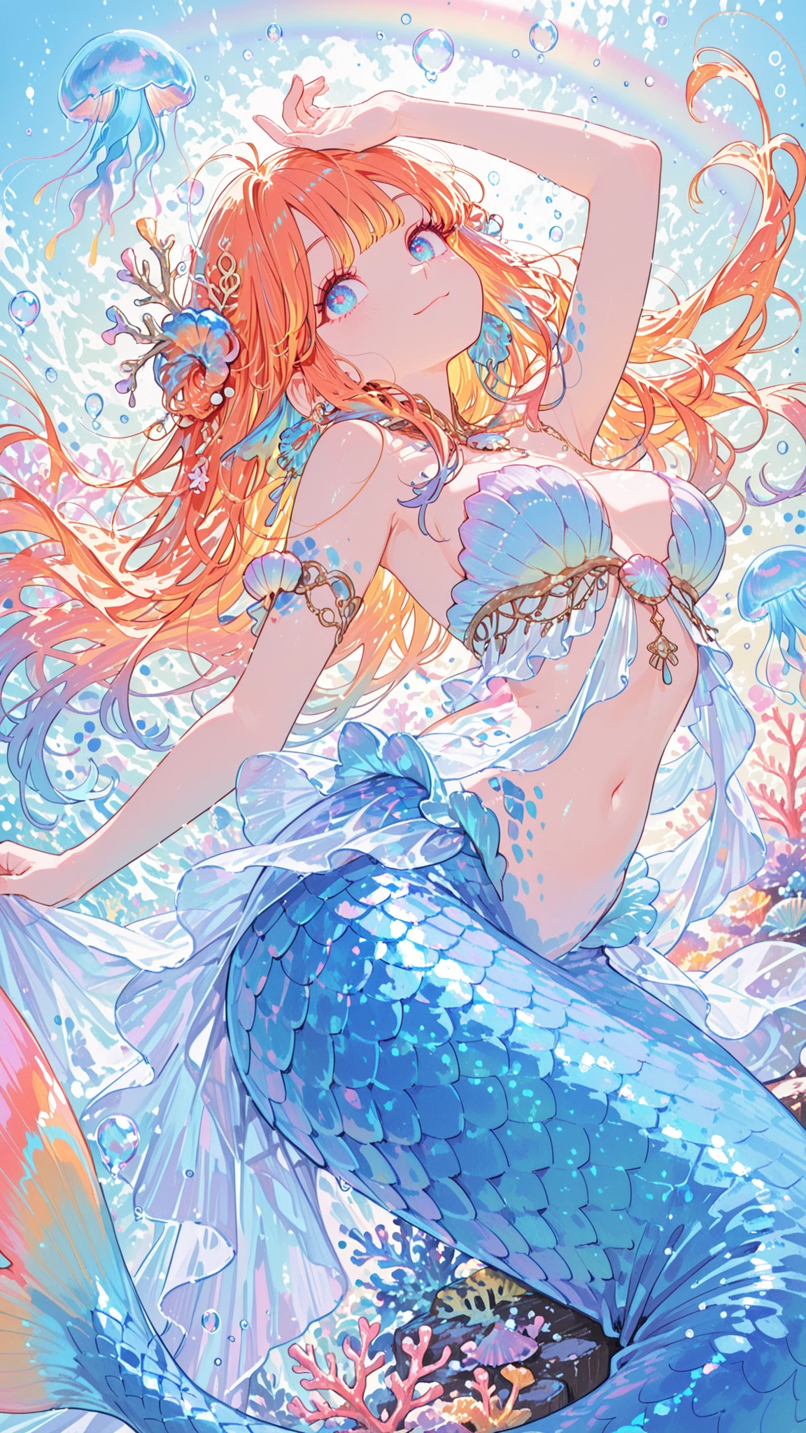 (masterpiece, best quality), best resolution, (2heads:1.5), 1girl, kokomi character, pink hair, mermaid, happy, different facial expressions, winking, mouth open, mouth closed, smiling, orange hair, blue eyes, underwater, fish swimming around