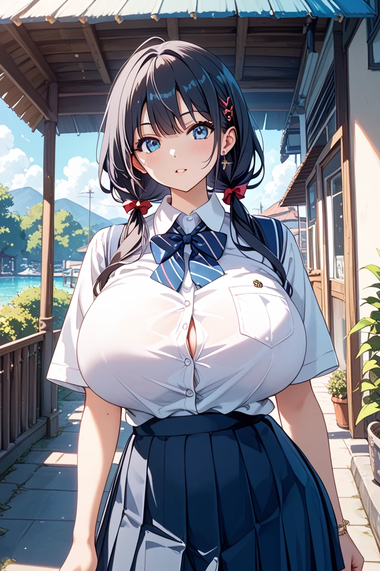 masterpiece, highly best quality, a woman, (schoolgirl uniform), (emotionless face), outdoor shot, blue hair, shiny oily tan skin, huge long breasts, curvy, bbw, chubby tummy, thick, nsfw,