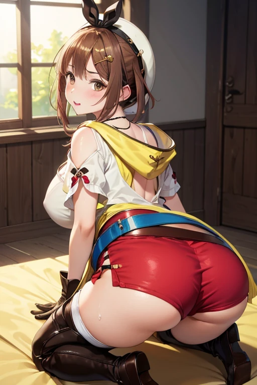 anime, beautiful face, highly detailed face, detailed perfect eyes, perfect hair, perfect lips, accurate arms, accurate hands, perfect legs, accurate footware. highly detailed background, front lighting, perfect lighting, full body, 1girl, solo, ruby hoshino, ruby, oshi no ko, heels, blonde hair, female santa, sexy santa, santa hat, thighhighs, stockings, absurdres, high res, ultrasharp, 8K, masterpiece, looking at viewer, (sexy pose:1.2), (full body:1.3), body at an angle from viewer, looking back over her shoulder, view from behind, ass view, reverse cowgirl position, riding position, cowgirl position, revcowgirl, no cleavage, stockings, mouth wide open, steam coming from mouth, heavy breathing, blushed going to cum, jizz, very wet, blushed, naked, nsfw, breasts