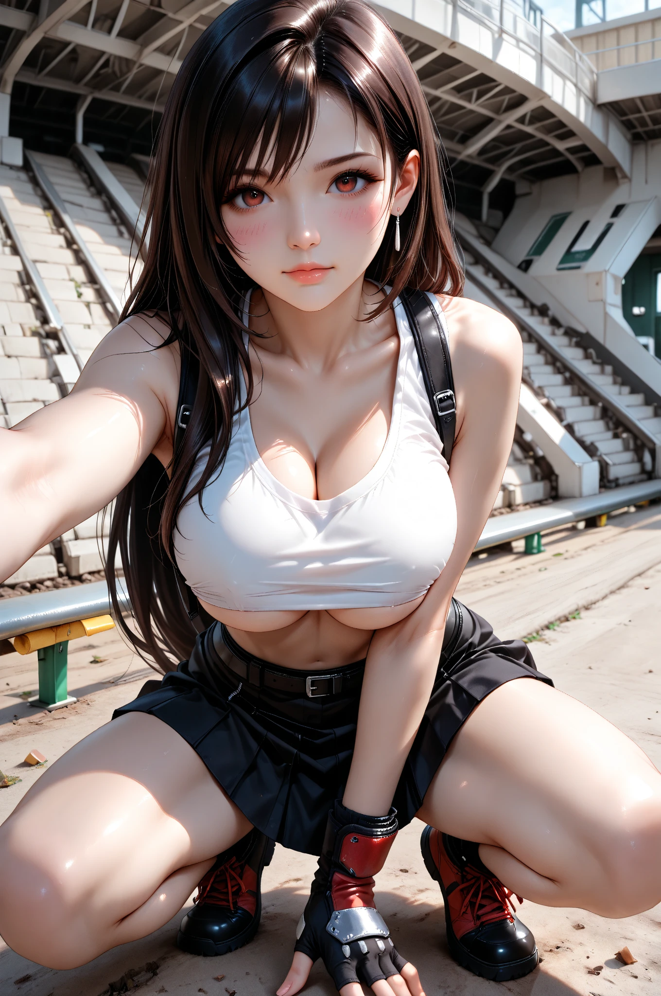 <lora:tifaMeenow_tifaV1:0.5>, <lora:koreanDollLikeness_v10:0.2>, (8k, best quality, masterpiece:1.2), (realistic, photo-realistic:1.37), ultra-detailed, 1 girl,cute, solo, (tifa lockhart), (beautiful detailed eyes), (smile:1.2), ((closed mouth)), erotic pose, ((red_eyes)), nsfw, perfect breasts, wet, sweat, shiny skin, sport, sport wear, ((soccer jersey))