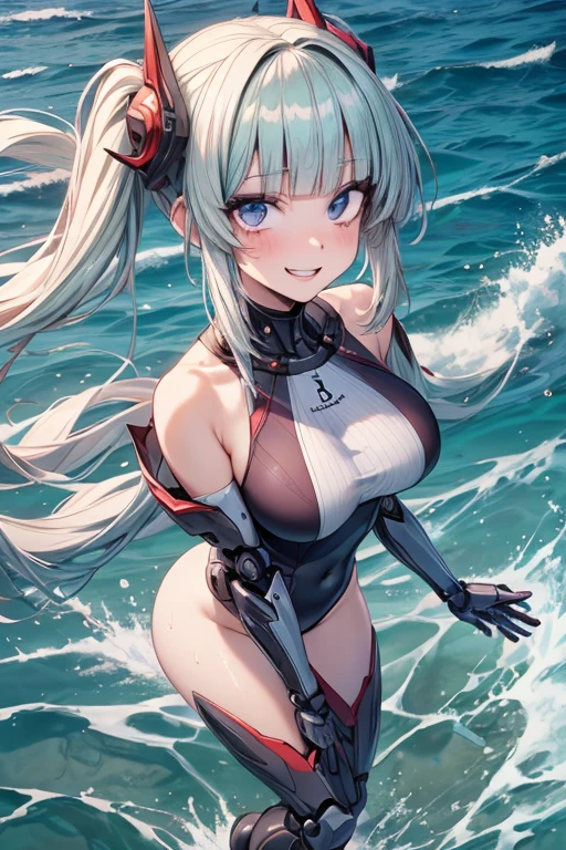 A high school girl with white hair and red eyes lies in the sea, The sea soaked her white skinny cheongsam,Become clear and exposed,The chest is large,legs long,Long hair and waist,pantyless,8K high-definition,The clothes were torn and exposed