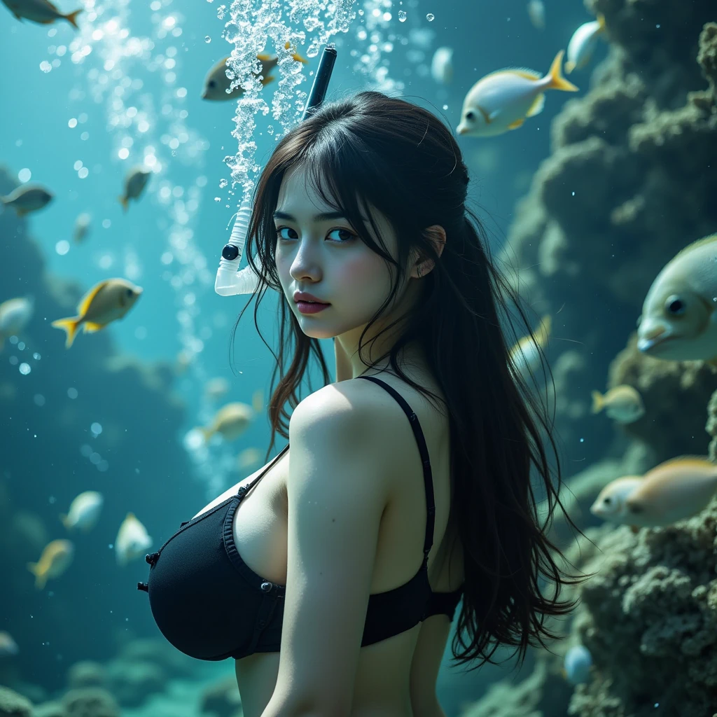 A beautiful girl is swimming among a school of fish in the ocean, eyes looking forward, pink white skin, tattoos on her body, long black hair, small star-shaped hair and seductive big breasts. . Wear lace lingerie, bikini, swim among fish and squid, under the ocean scenery