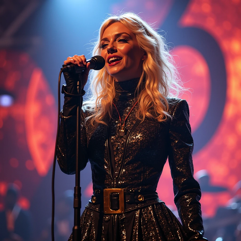lady gaga smiling, wearing CadetBlue patterned dress, stage, smiling, lights