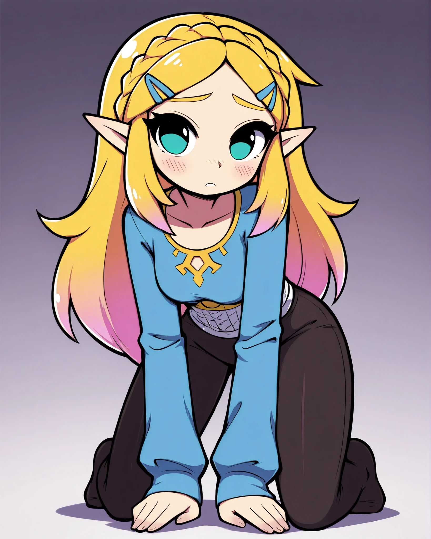 CartoonyIllustrious,1 girl, princess zelda, blonde hair, pointy ears, botw, long hair, hair ornament, blue shirt, black legwear,kneeling with legs apart, torso leaning forward, arms on thighs, teasing expression, blurred pastel gradient background, shojo anime style