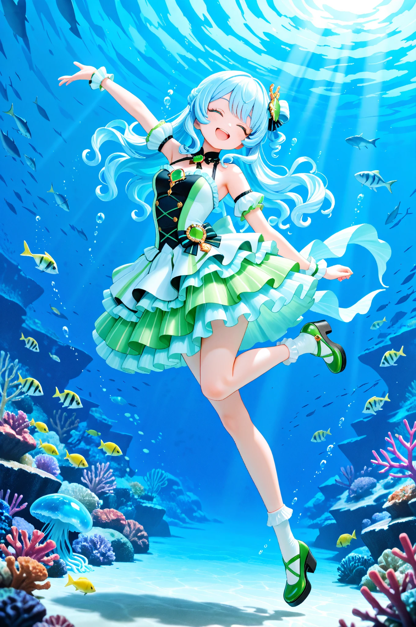 masterpiece, highest quality, amazing quality, perfect face, highest resolution, anime style, anime style, 3DCG style, 1girl, solo, Umizukuri Anmo, Ammonite Girl, light blue hair, curly hair, curly bangs, green swirly hair with one point, (((light blue hair with one point green stripe hairstyle))), long hair, amber eyes, lots of highlights, small ammonite hair ornament, ammonite shell, water shavings, ,(dress with ammonite shell as one point, light blue and teal idol style dress, gothic style dress, amber brooch, wearing socks with many frills on one side), Underwater party, underwater dance party, dance party, dancing girl, swinging skirt, enjoying, happy, smiling, dancing fish, jellyfish, marine life, underwater, undersea, cheerful atmosphere, dance, ball, sumptuous seafood meal, fancy dinner, underwater dance hall Coral reef platform, stage, coral reef stage, dancing on stage, underwater spotlight, Girl drifting in the ocean, Underwater, Seabed, Side view, Low angle, Dynamic pose, Cute sleeping pose, Coral reef, Underwater valley, Underwater atmosphere, Fish swimming, Tropical fish, Blue image