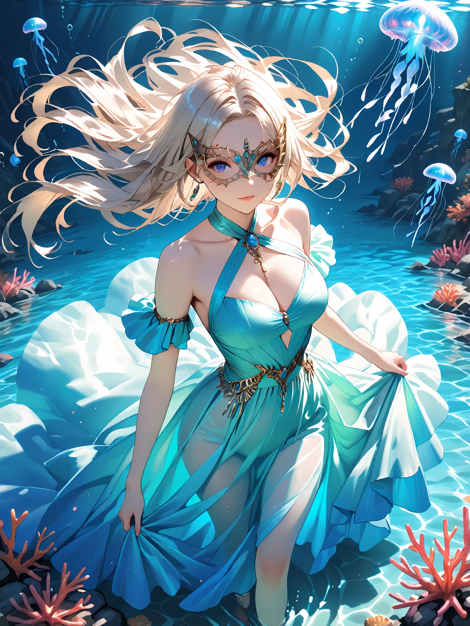 a woman with silver bangs hair, beautiful detailed eyes, beautiful detailed lips, extremely detailed face, longeyes, smiling expression, wearing a flowing blue dress, pearl accessories, fish horn headband, makeup, standing sensual, blue nails, cleavage, on the Ocean, (best quality,4k,8k,highres,masterpiece:1.2),ultra-detailed,(realistic,photorealistic,photo-realistic:1.37),portrait,cinematic lighting,vibrant colors,intricate details