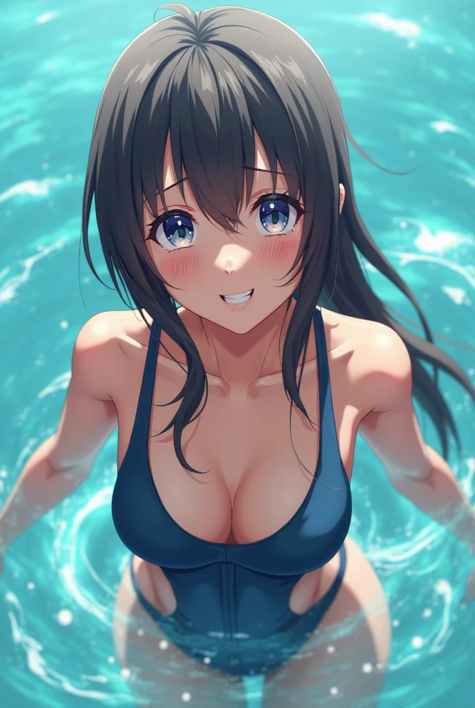 A junior high school girl gets soaked in the sea. She bends forward, exposing her bra and breasts.