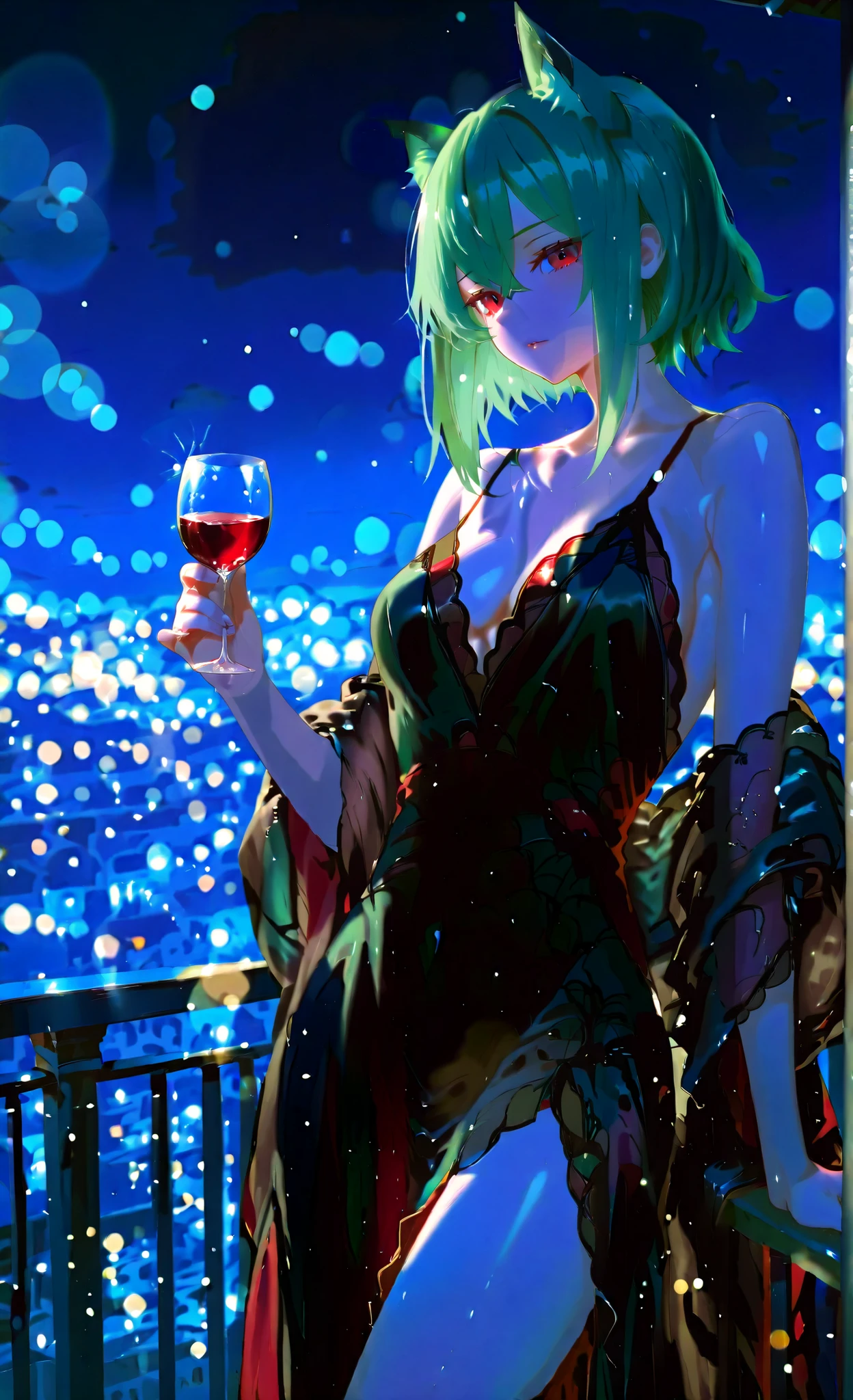 A sophisticated anime kitsune lady ((fox ears)) ((green hair)) ((red eyes)) in a flowing black silk gown, leaning casually against a balcony railing under moonlight, holding a half-filled wine glass, hair swaying gently in the breeze, soft bokeh city lights behind her, cinematic composition, highly detailed fabric folds, soft glowing skin, romantic yet confident aura