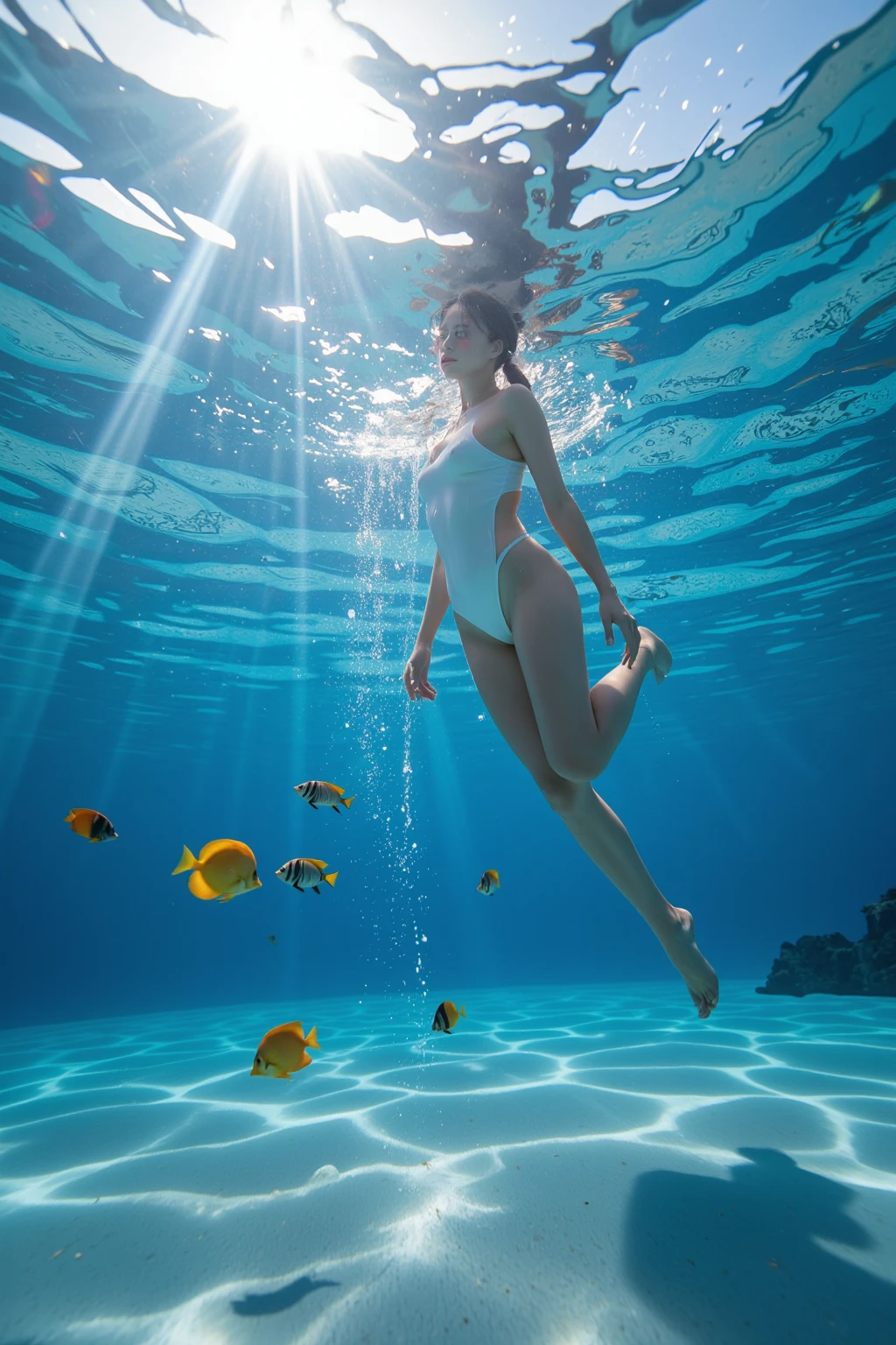 Browsing Caution:-2, Realistic, Side view:1.21, Photorealistic, Dynamic composition, Realistic:1.21, Beautiful Diver, Anatomically correct limbs, Anatomically correct limbsの５Finger, Anatomically correct proportions, Highly realistic photos, (Swim backstroke in the beautiful ocean:1.21), Graceful backstroke:1.21, ((Fluorescent micro bikini swimsuit:1.21)), ((Swimsuit with small fabric area:1.1)), (Beautiful tropical sea in summer:1.21), There are also tropical fish, There are also dolphins swimming., laughing, Get closer to your audience, Portrait of a Japan woman:1.21, Brown Hair, Bob Cut Hair, Beautiful hair flowing in the water, Bubbles surround the body, Innumerable natural lights pour in, Cute Japanese woman's face:1.21, Physically Based Rendering, Sharp eyebrows:1.37, Blue anxious face, White skin:1.21, Fine skin, Glowing Skin:1.21, A tranquil photo in blue tones, Dynamic and cinematic lighting, 