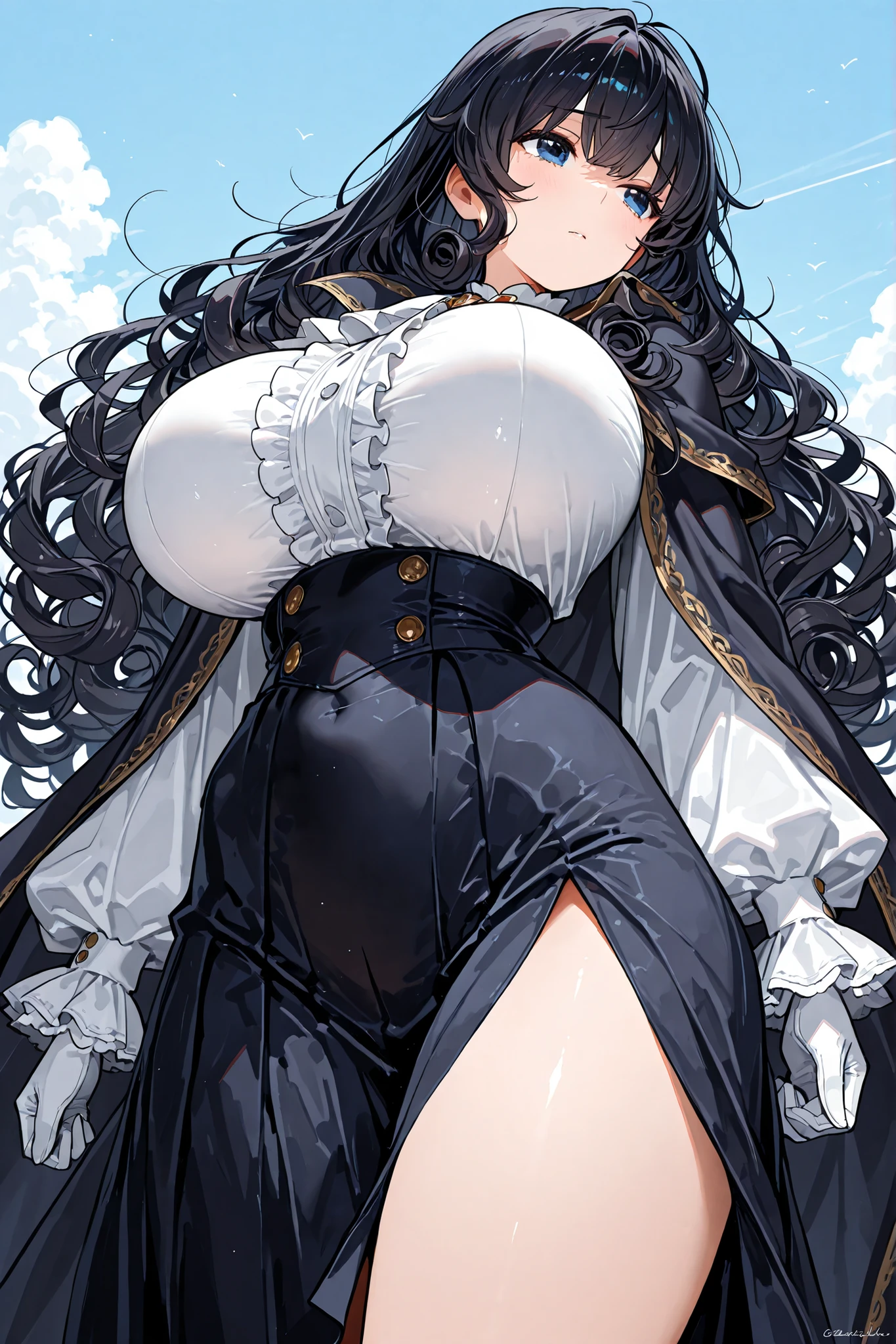 {{{{{{{{{{hamada yoshikazu}}}}}}}}}},,1 woman 、curly hair、Large amount of hair、dark haired、Holding a white lily、clear sky、huge 、 masterpiece, Highly detailed , white gloves、cloak、frilled skirt, frilled sleeves, frilled shirt, high-waist skirt,, Blue Eyes、Gradated Eyes、4K Works, Highest Quality ,16age 、raised eyebrows,