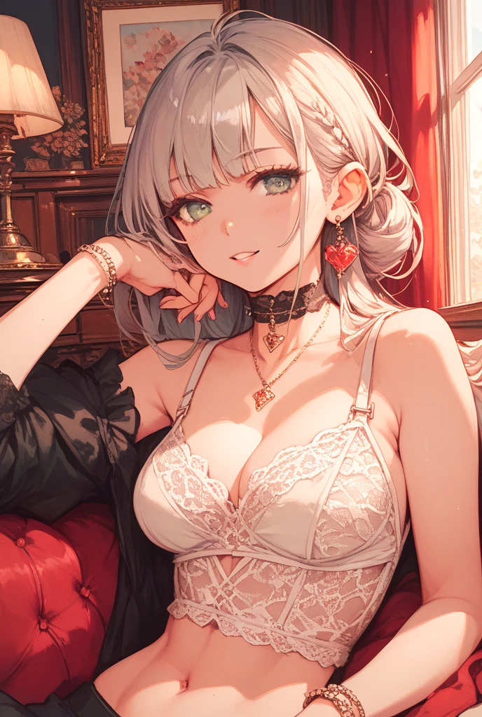 (最high quality, High resolution, masterpiece:1.2), Realistic, lace thong bra, Detailed Female Portrait, Beautiful slim legs, Long, flowing white hair, Bright pink eyes, masterpiece smile, high quality, spread legs, sofa, sitting,