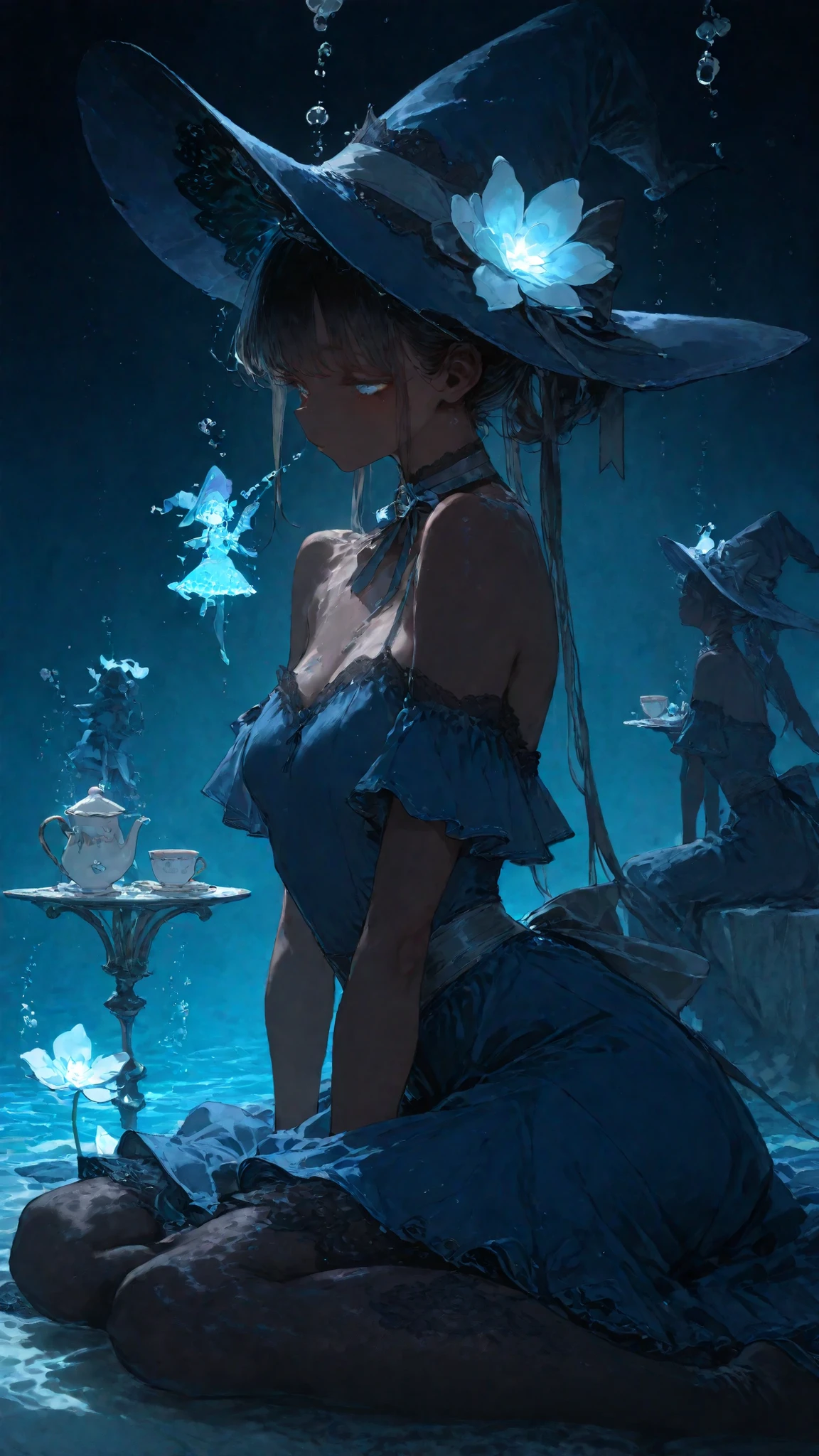 Shelley Gee, (masterpiece, Highest Quality, high definition: 1.2), party 、lace fabric、Pantyhose 、 Witch Tea Party 、 Navy Blue Dress 、、Very dark deep sea , dynamic contrast,(cinematic light),create a mysterious and fantastic space,Glowing Jelly,Artistic Paintings, super realistic skin texture,Fanmytwor style,PEI Ice Sculpture , film photography style 、Witch Hat、Jim sitting underwater、水中に無数のAir bubbles、Touch the jelly gently、Water Flower、Air bubbles、drinking tea in a teacup、Tea party with multiple people、Fair skin、Have a tea party with everyone around the table