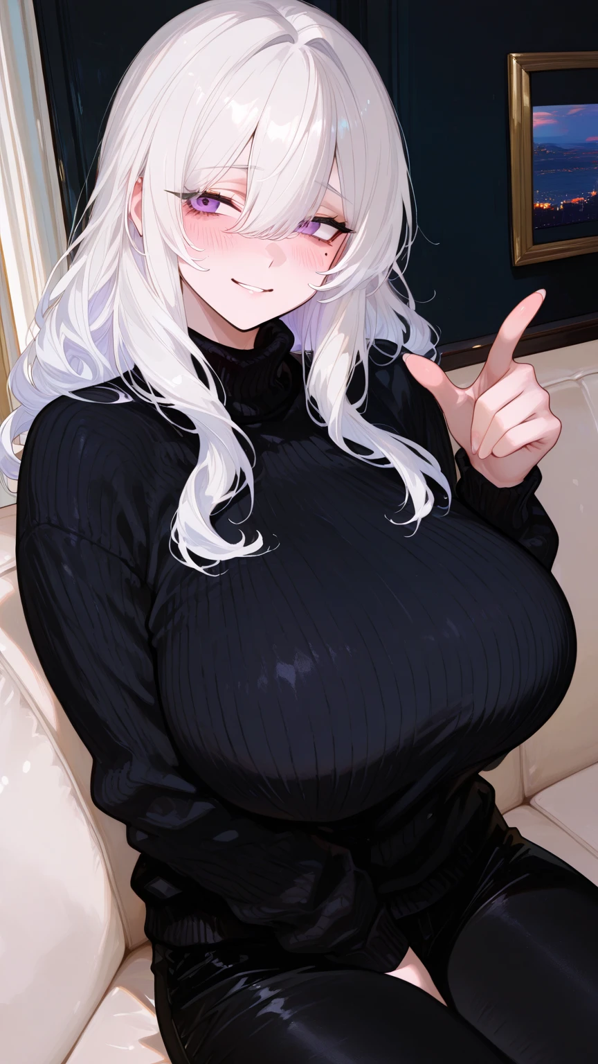masterpiece,best quality,1girl,office,upper body,long white hair,black sweater,huge breasts,jeans,golden eyes