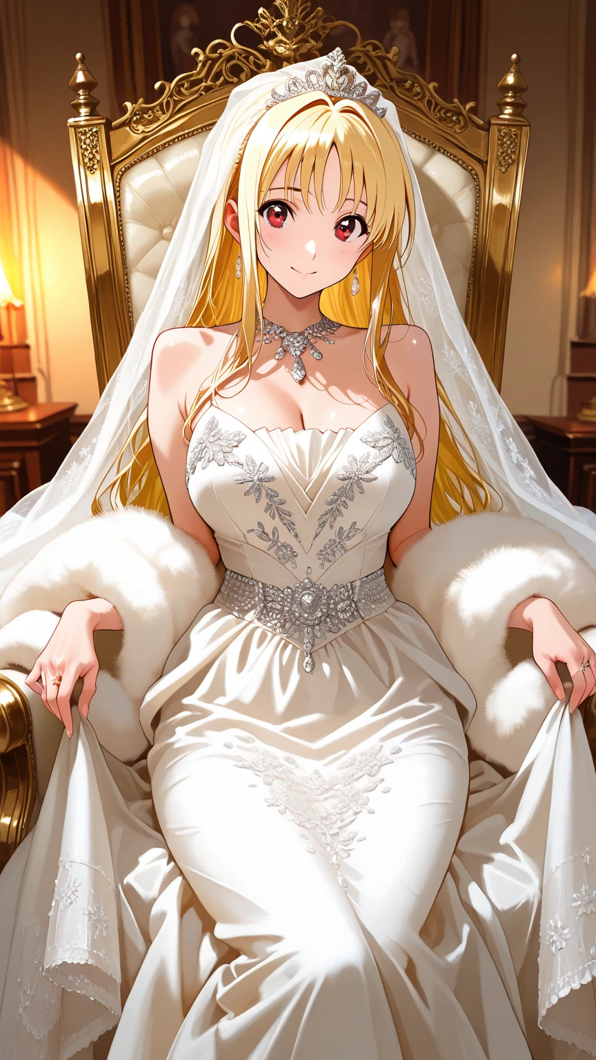 ((Highest quality)), ((masterpiece)), (detailed), (Perfect Face)、The woman is Tiare, has green eyes, medium-long blonde hair, and is wearing an engagement ring.、The woman is wearing a gorgeous and dazzling pure white mermaid dress, a gorgeous see-through cape and a sequin veil, a gorgeous jeweled head dress chain, gorgeous jeweled earrings and other gorgeous and glittering accessories, and is sitting on a gorgeous sofa in a gorgeous room with a dignified, bearded elderly man.、The man is a dignified, bearded old man, very wealthy and wearing an engagement ring.