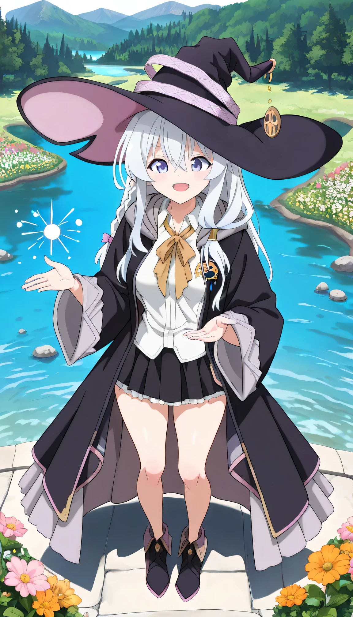 {{{masterpiece}}}, (best quality:1.5), (ultra-detailed:1.5), {illustration}, {{an extremely delicate and beautiful}}, (beautiful detailed eyes:1.6), absurdres, highres, extremely detailed face, 16k, hd, visual anime de uma jovem mulher, extremamente bonito rosto de anime, anime melhor garota, (perfect hands, perfect anatomy), (five fingers:1.1), anime face, elaina (majo no tabitabi), witch, 1girl, solo, cute face, long hair, white hair, ahoge, hair between eyes, sidelocks, pink bow, single braid, ribbon on braid, yellow hair clip, blue eyes, medium breasts, big hips, curvaceous, BREAK, <lora:MajoNoTabiTabi_Elaina_IlluXL:0.8>, witch hat, black headwear, white shirt, long shirt, (shirt tuck out:1.3), collared shirt, (wizard robe:1.3), (long robe:1.2), black robe, hooded robe, open robe, long sleeves, wide sleeves, yellow ribbon tie, brooch, black skirt, pleated skirt, (mini skirt:1.5), (white petticoat:1.2), bare legs, black footwear, witch shoes, BREAK, cute face, open mouth, smiling, standing on the lake, from above, outdoor, summer, mountain, forest, flower garden, (cute gestures:1.2), mysterious, (fluttering skirt:1.3)