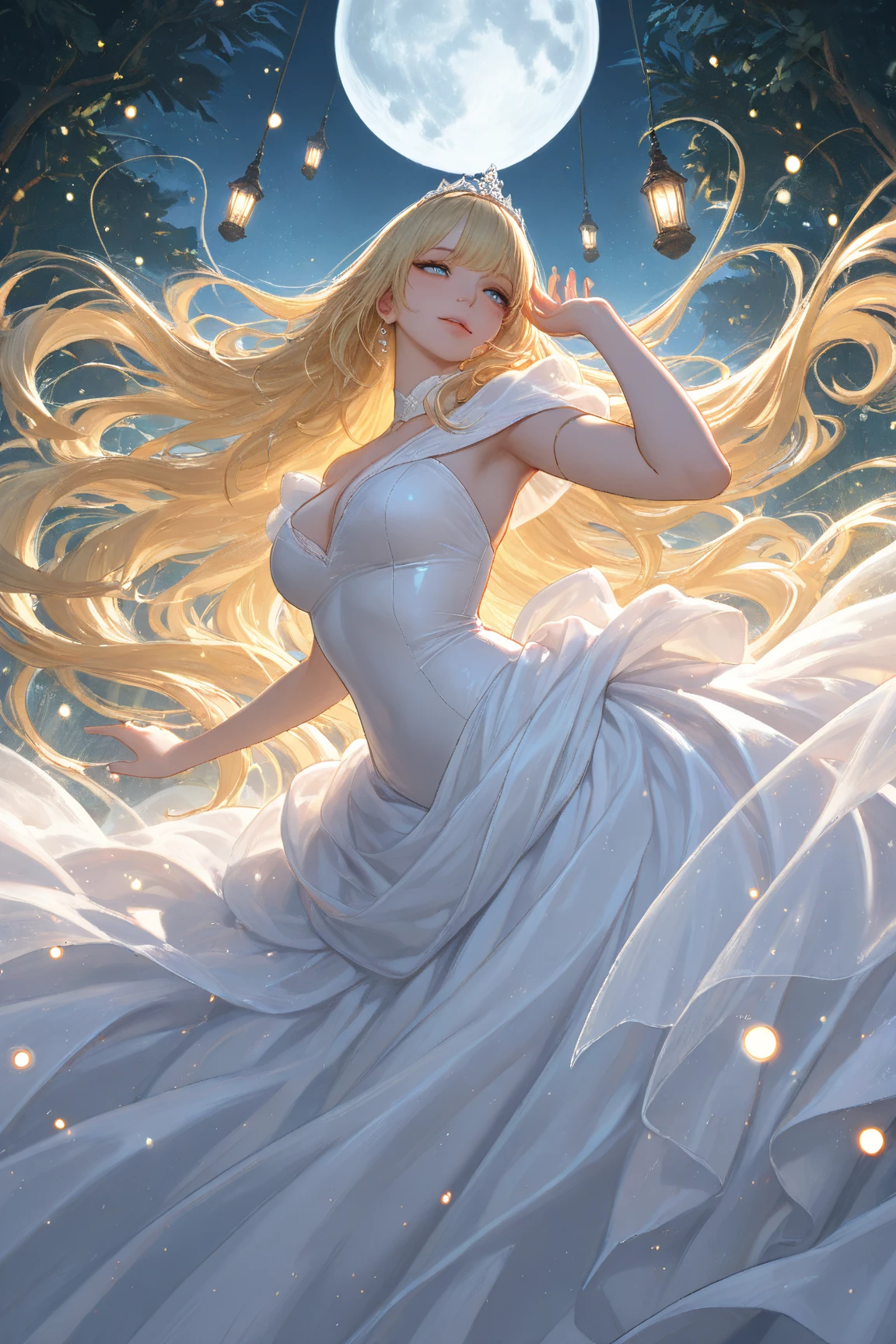 Best image quality, Excellent details, Ultra-high resolution, Best illustrations, Favorite Details, Very condensed one girl, Delicate and beautiful features, Woman with long blonde hair and large breasts in a dress, Trampling on people, from below,from behind, back of head,full body,from below