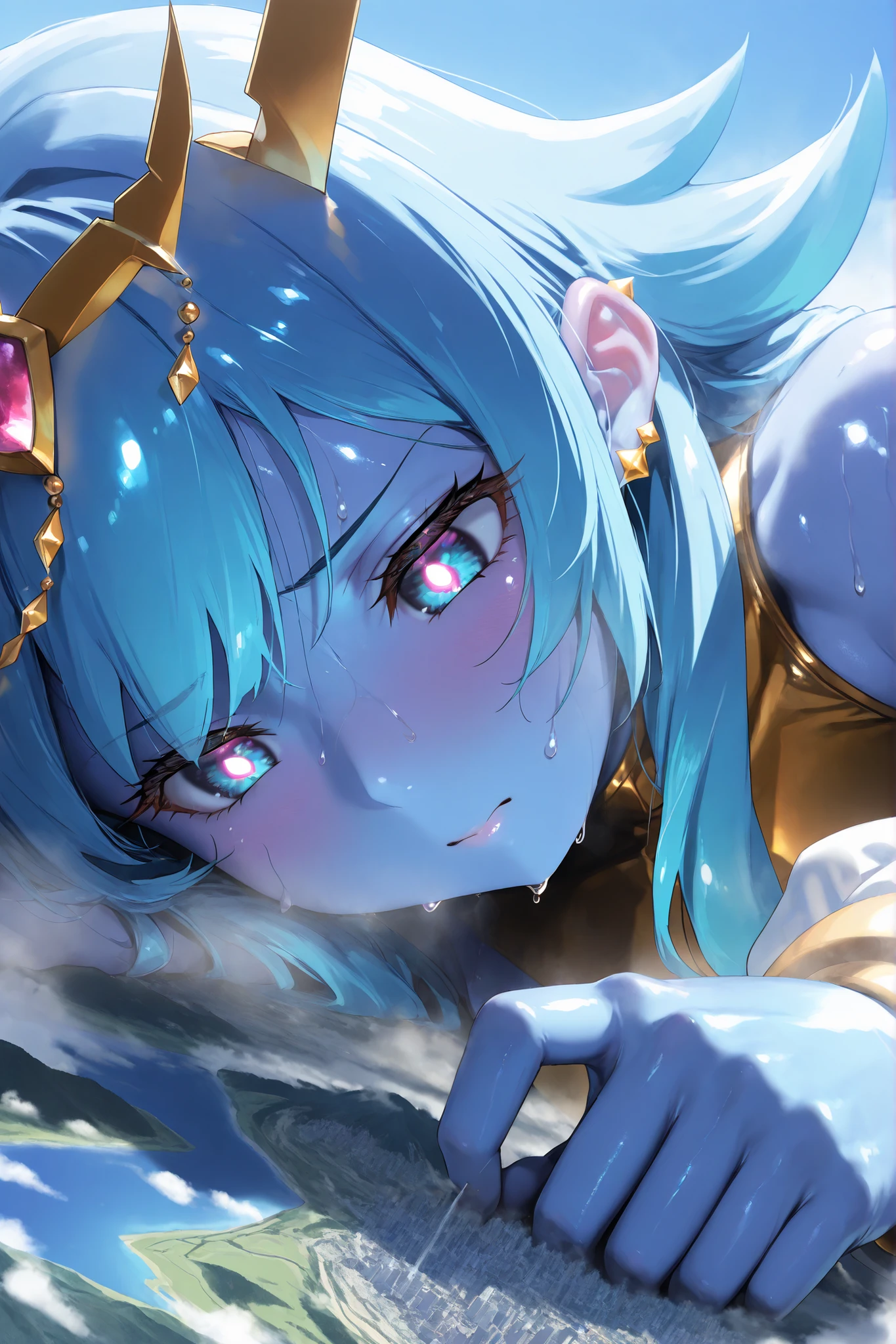 (masterpiece , Highest quality , Ultra-high resolution) , 1girl , spirit king wave , gold headpiece , shoulders , white pelvic curtain , gold armor , white leotard , white puffy long sleeves , gold ear piercing , (blue skin) , latex skin , glossy skin, glossy hair, white tattoo , (Sweat) , (steamy), glossy skin , shiny skin , glistening skin, Macro, Giantess, Landscape, Aerial Perspective, close up, focus on face, cool backlight, lying down,