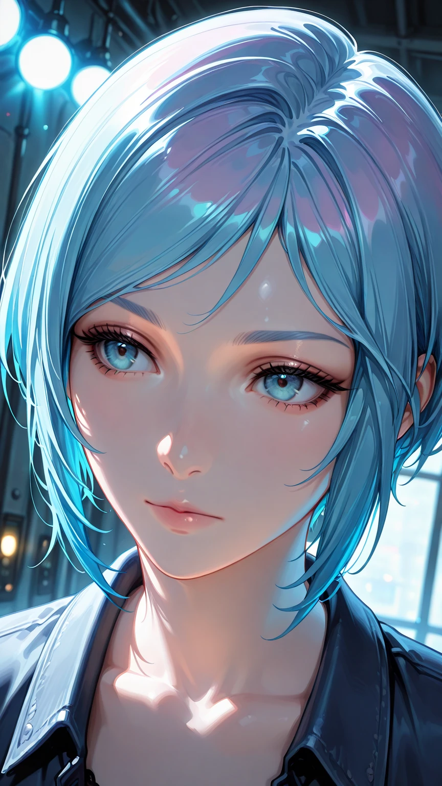 highly detailed, SFW, 1 girl, blue pink_hair, , Smile, (perfect_Face), boundary, close up, mad, exist_Back, Gorgeous, complex, dramatic lighting, detailed_Background, full_Body, Best hair quality, Extra super detailed eyes, Extra high  detail, side_body, eye reflection, focus on eyes, detailed top eyelashes, high textured skin, lowexposure, film grain, atmospheric perspective, caustics, 8K, masterpiece