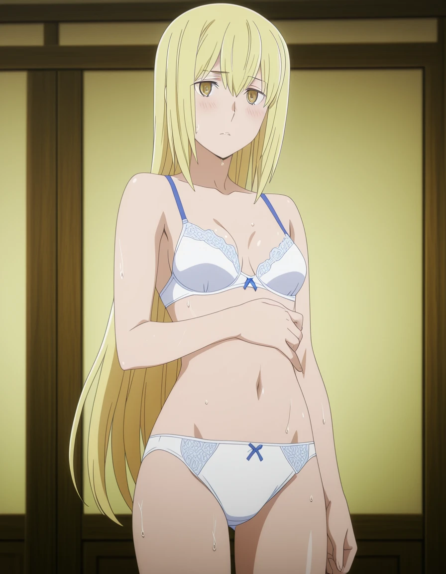 software, ((masterpiece:1.4), (highest quality), (ultra High resolution), Perfect Anatomy,highest quality, High resolution), (indoor, Bedroom),(fuyuki_minami), (blonde, long hair), (Fine grain:1.3, Detailed and high resolution), Toned proportions, (Mid-chest:1.5), (Medium breast:1.5, Small nipples, Detailed, Small areola, Detailed), (Beautiful and smooth body), Wide hips:1.3, (Big Ass:1.4), (White panties are visible:1.6, real, Precise and), (Are standing, Spread your legs:1.5), smile, Blushing,