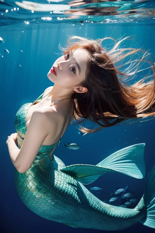 (masterpiece), best quality, ultra high res, 1girl,symmetrical eyes,part lips,(mermaid,mermaid tailfin ),slim waist, ,tiara,underwater (ulzzang-6500-v1.1:0.9) (((perfect breasts,medium breasts))) ,swimming over an intricate colorful coral reef surrounded by numerous colored small fishes, turquoise ocean water,