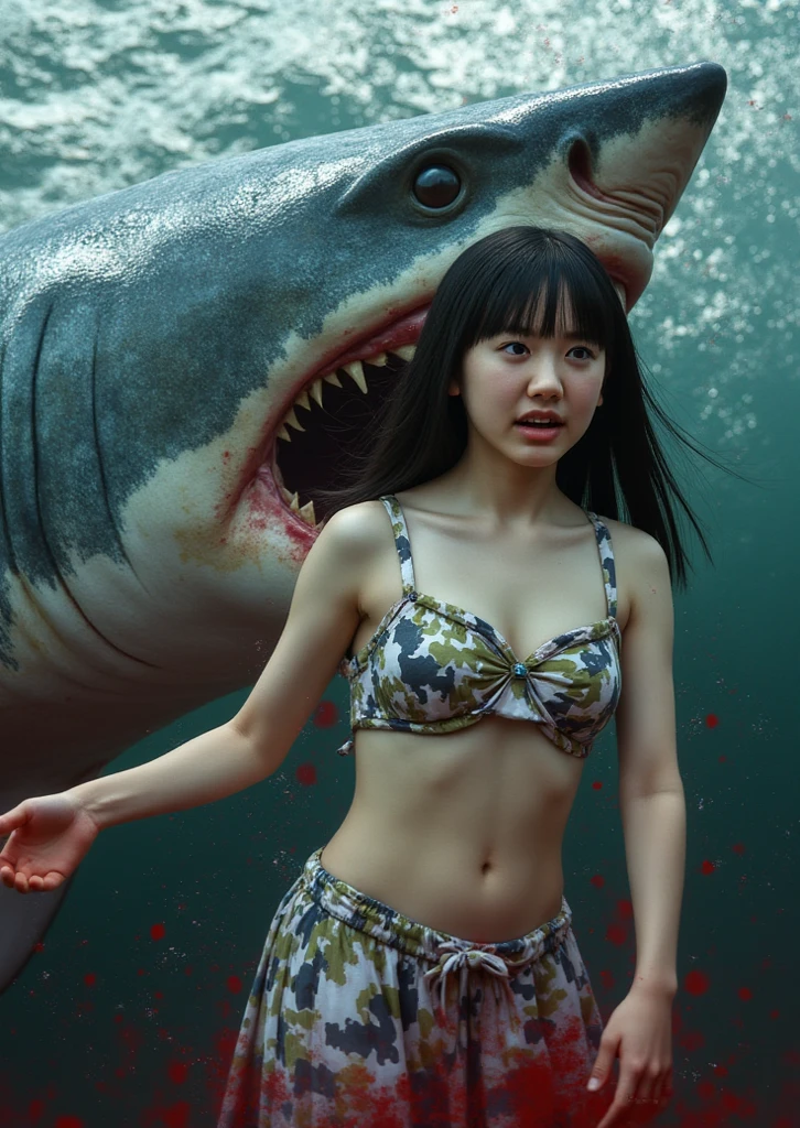 (Kayoko_Okubo), uhd, high quality, high details, 1 Girl, solo, (Shark costume:1.4), Seaside, Sandy Beach, Wave, sun, Jump, smile, Waveしぶき, Light tones, Reflection of light, summer