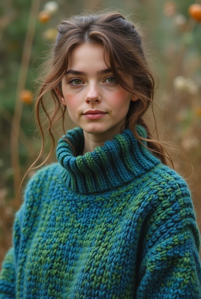photo of a skinny blonde teen  wife messy long hair thrown into a messy bun ponytail. She wears: (turtleneck high ribbed turquoise tight sweater:1.1),   pose, high tight ribbed neck, mouth retractor gag,