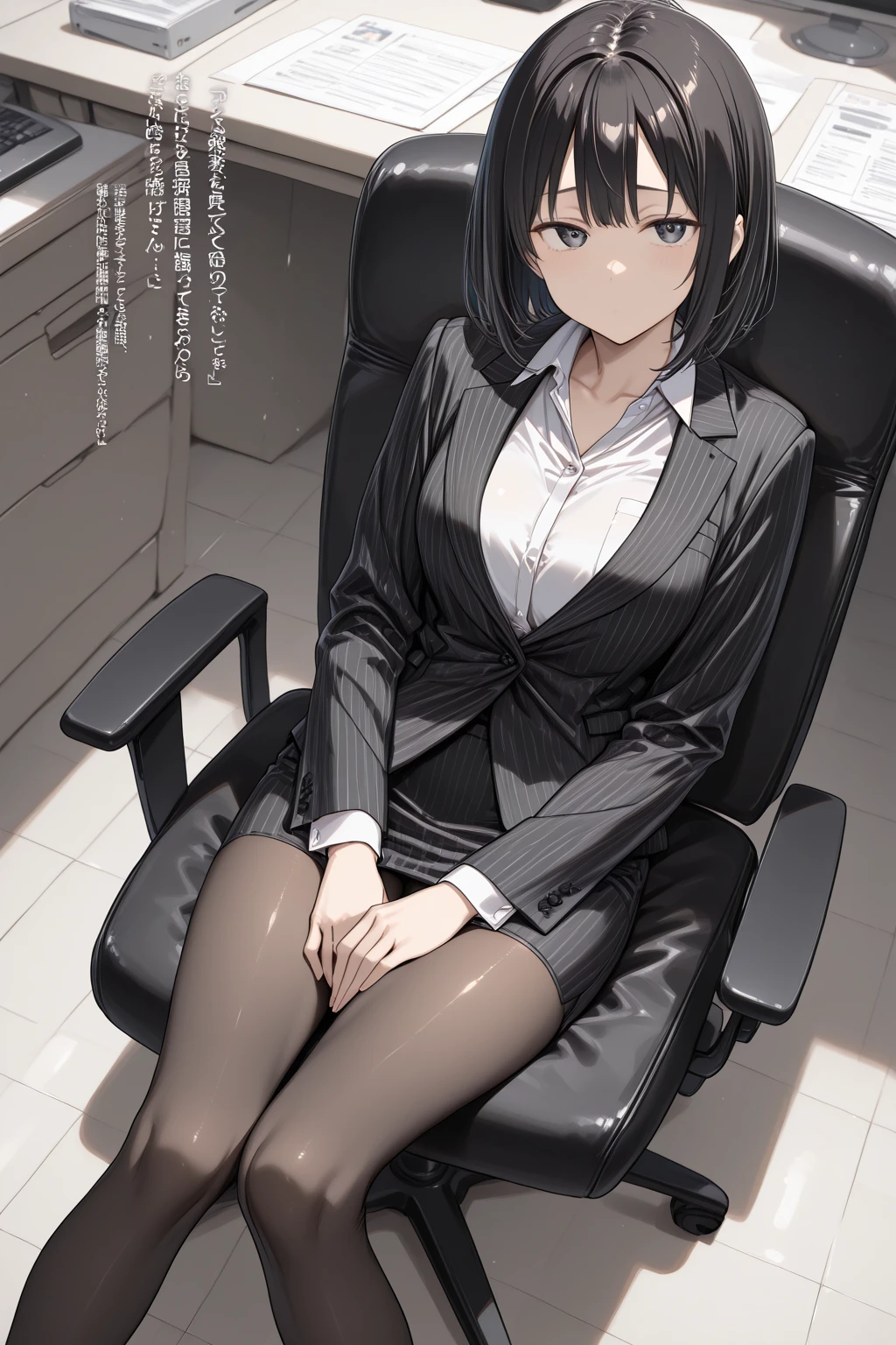 office、Beauty sitting on a chair、short hair、Beautiful legs、High heels、Brown pantyhose、Mini skirt suit