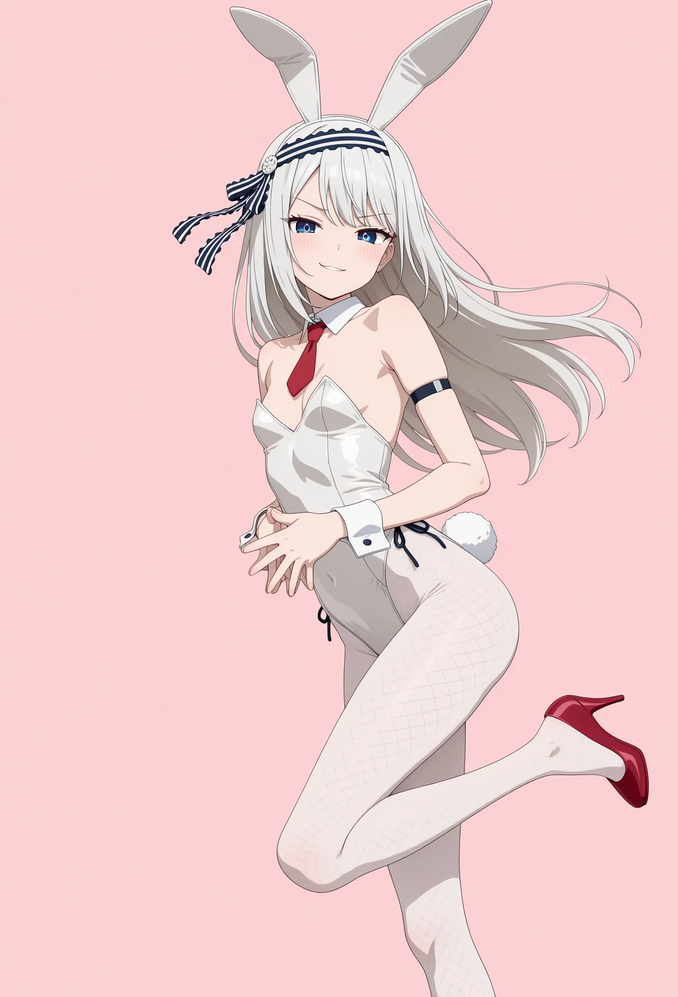 anime screencap, masterpiece, best quality, pastel colors,
1girl, tiny breasts,
long hair, grey hair, blue eyes, striped hairband, hair ribbon, striped ribbon,
BREAK (curvy), white leotard, rabbit ears, rabbit tail, white fishnet pantyhose, red footwear, high heels, collar, red necktie, white wrist cuffs, arm strap, playboy bunny, barefoot, high heels, own hands together, one leg up, leg up, smirk, looking at viewer, shishoepop, heel pop,