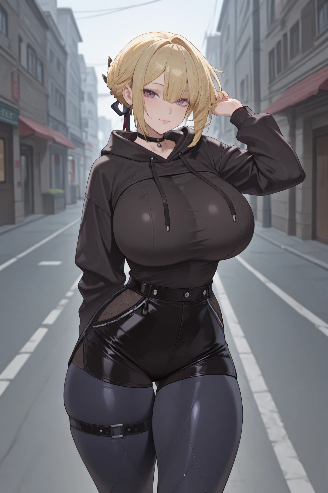 Super-detailed, 8k HD, Himiko Toga (My Hero Academia), 1 girl, solo, blonde hair, detailed hand and face, busty body, curvy body, big breast, large butt, crop top and hot pants, jacket, walking around the mall