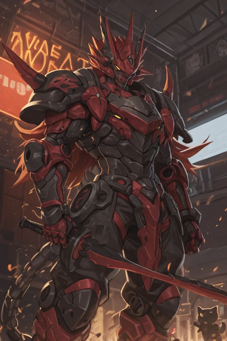 (masterpiece:1.5, best quality:1.5, extremely delicate:1.5, perspective:1.5, foreshortening:1.5, dynamic angle:1.5), a man wearing a full-face helmet, a fantasy-style biotech armored combat suit, green eyes, (a composite layered chest armor), fully enclosed shoulder guards, matching arm and leg guards, the belt is adorned with fangs biting into orbs, (the color scheme is primarily black with red accents), the design balances heavy with agility, a high-tech bio-mecha armor, (Armor Concept Inspired by Bat, stand on the top of a skyscraper in a futuristic sci-fi city), this character embodies a finely crafted fantasy-surreal style armored hero in anime style, exquisite and mature manga art style, (element, plasma, energy, the armor glows), ((male:1.5)), metallic, high definition, highres, ultra-detailed, ultra-fine painting, professional, perfect body proportions, golden ratio, anatomically correct, symmetrical face, extremely detailed eyes and face, high quality eyes, creativity, RAW photo, UHD, 32k, Natural light, cinematic lighting, masterpiece--perfect