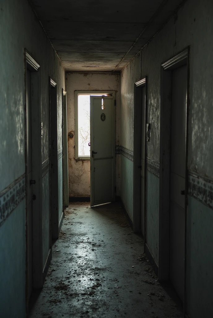 (medium full shot) of inside a ambiguous empty hallways, overcast, natural light filtering in, rusting metal, at dawn, ,Masterpiece,best quality, photo, realistic, very aesthetic